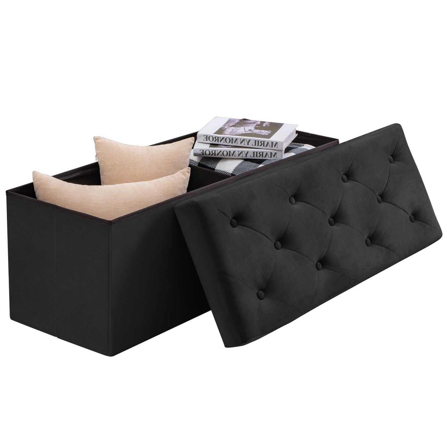 BRIAN & DANY Folding Storage Ottoman Bench, Velvet Large Ottoman Storage Box for Living Room and Bedroom 110 x 40 x 40 cm, Black