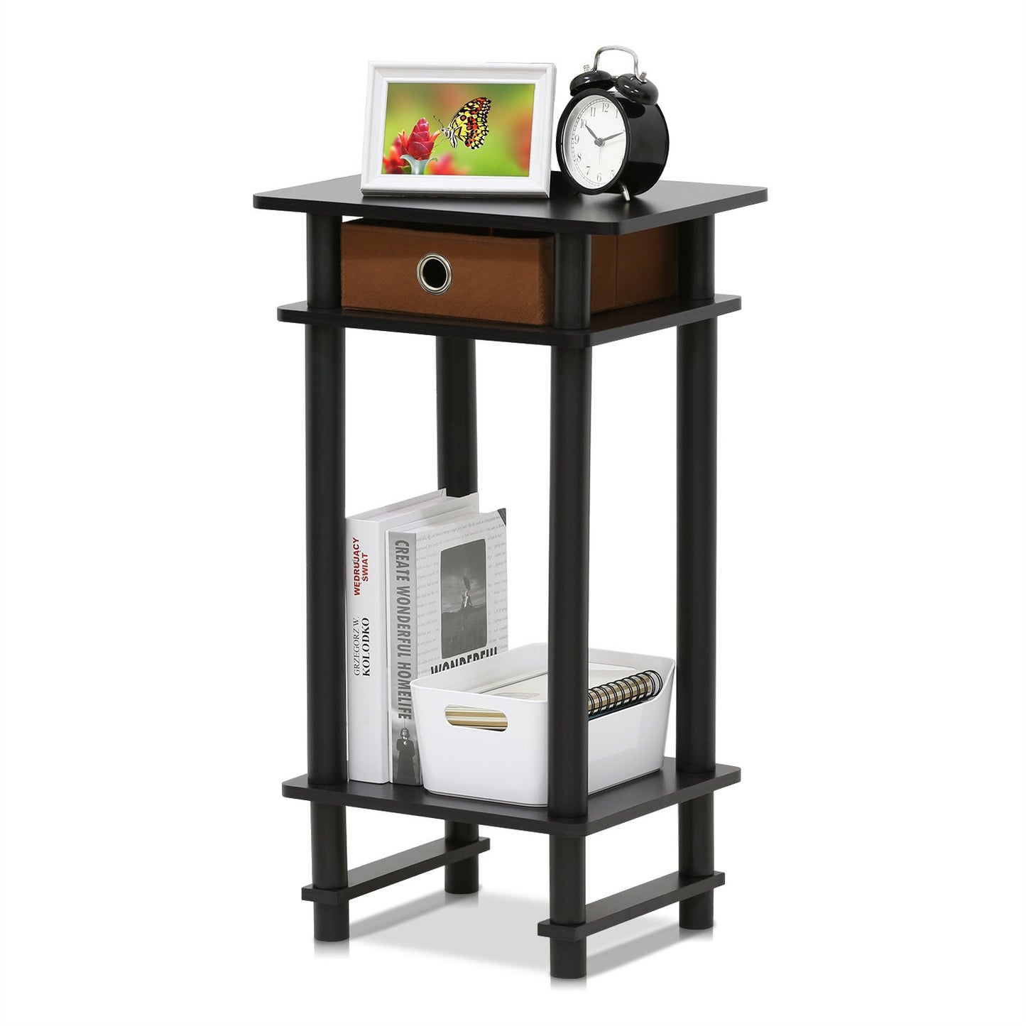 Furinno TURN-N-TUBE Side Table, 3-Tier End Table with Storage Bin, Open Shelf Night Stand, Bedside Table, Toolless Assembly, for Living Room, Bedroom