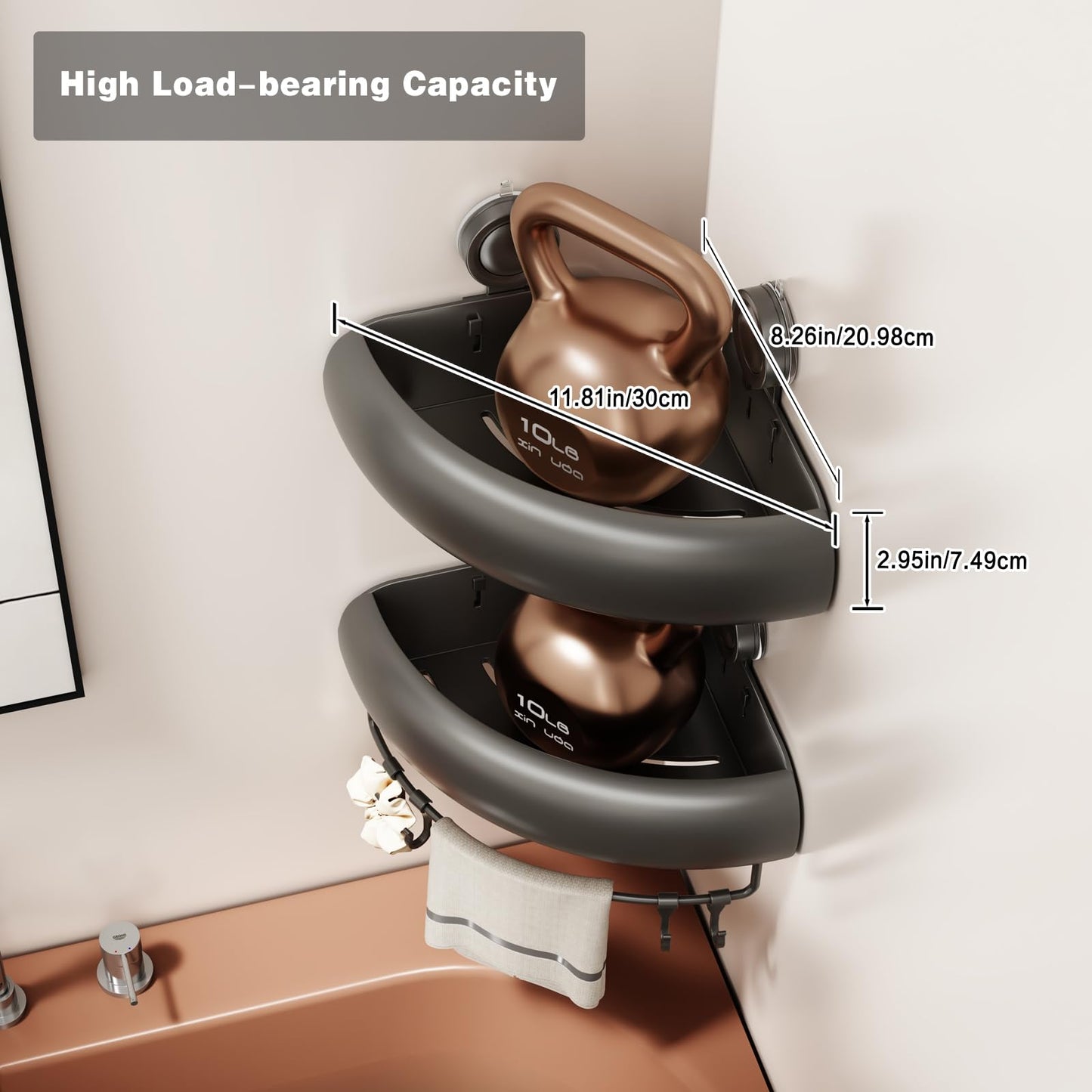 Voldra Corner Shower Caddy Suction Cup, Arc Shower Shelf Coner No Drilling Bathroom Coner Shelves Suction Shower Organiser Rack Adhesive Corner Caddy