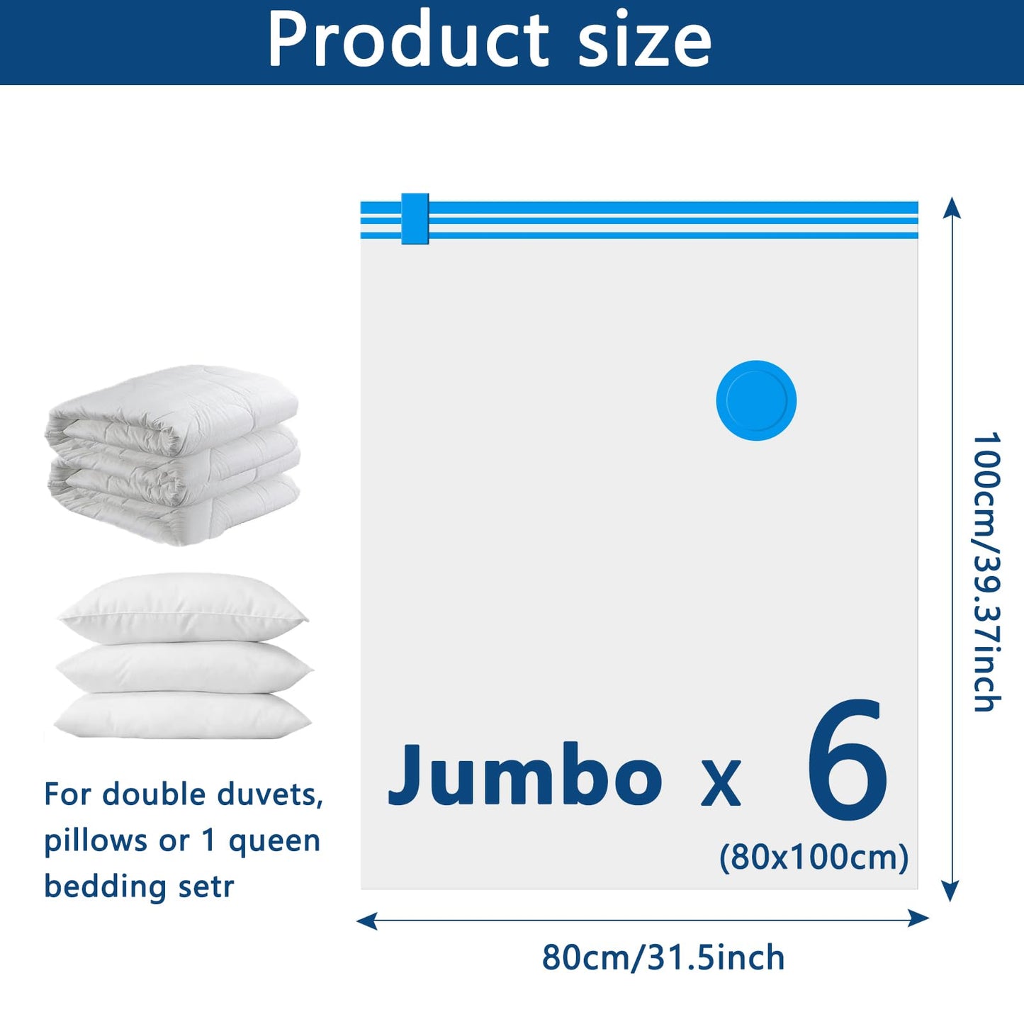 Vacuum Storage Bags - 6 Pack Jumbo (80X100cm) Space Saver Sealer Compression Bags, Reusable Vacuum Bags for Storage Clothes, Duvets, Bedding, Quilts