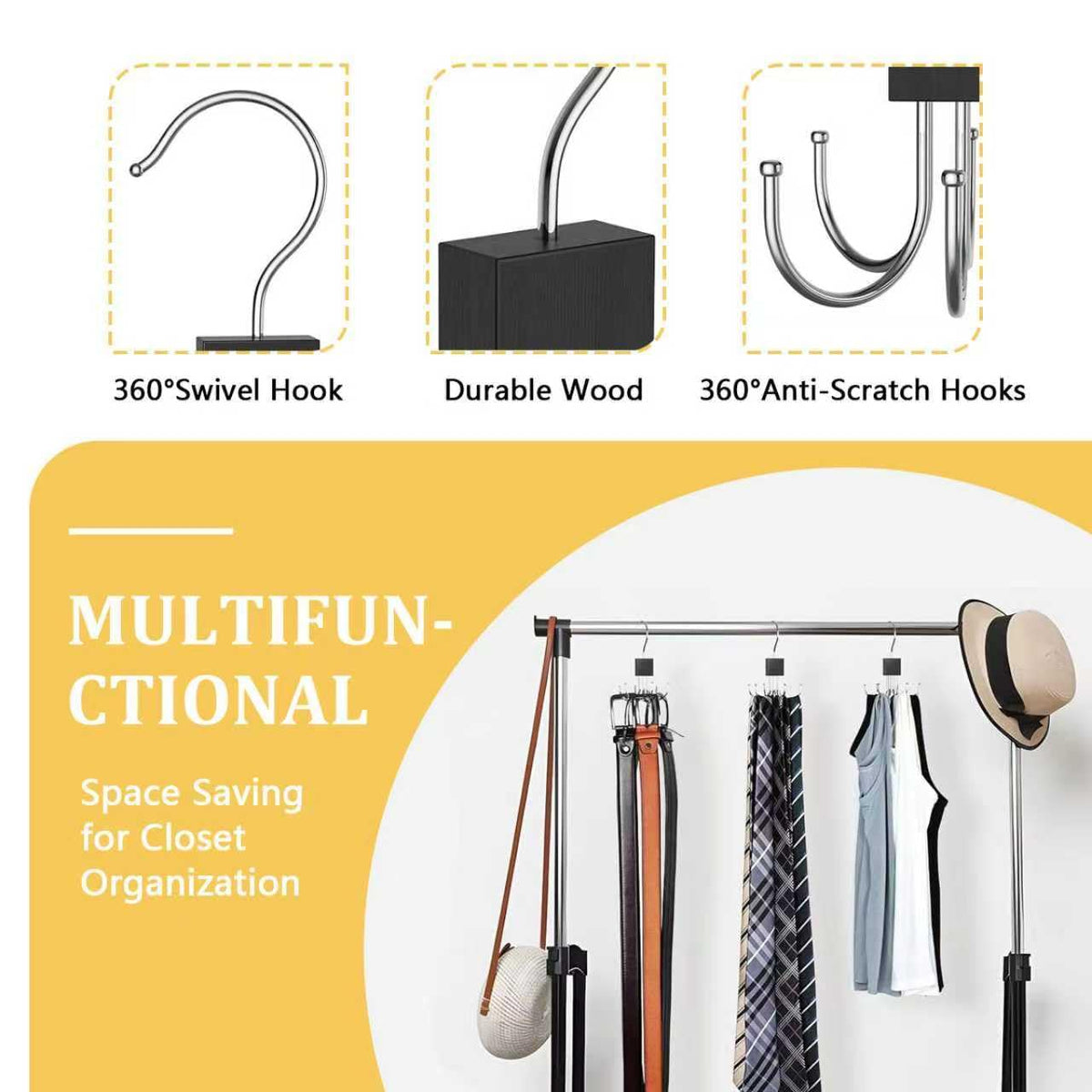 Belt Hanger Tie Rack for Wardrobe2Pack – 360° Rotatable Closet Organizer with 6 Hooks Space Saving Storage Holder for Belts Ties Scarves Bras Wood