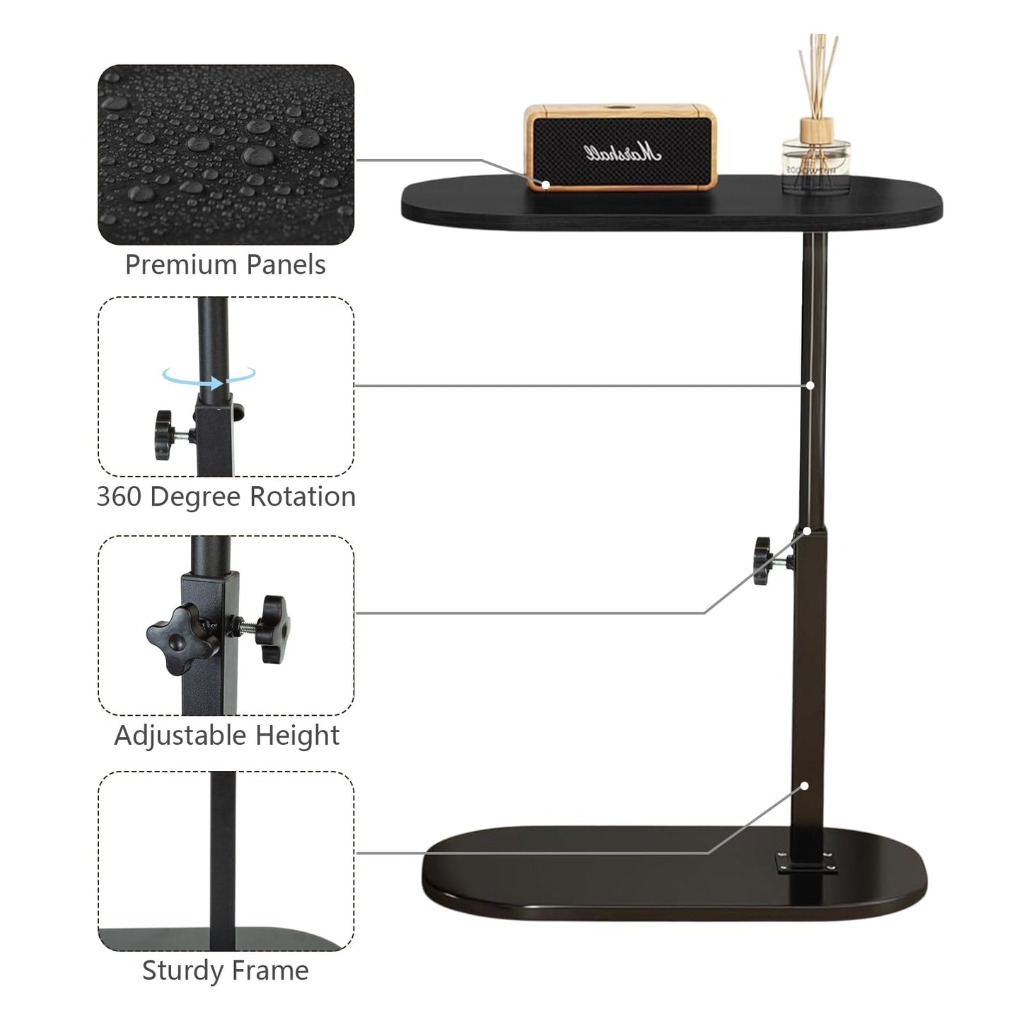 SHEBUYLLI Small Side Table, C Shaped Bed Side Table for Living Room Bedroom