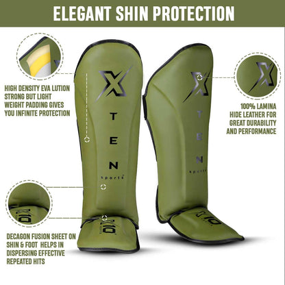 XTEN SPORTS Shin Guards Muay Thai, MMA, Gel Integrated Padding, Training Sparring, Boxing, Kickboxing, BJJ, Taekwondo Protective Gear, Olive Green