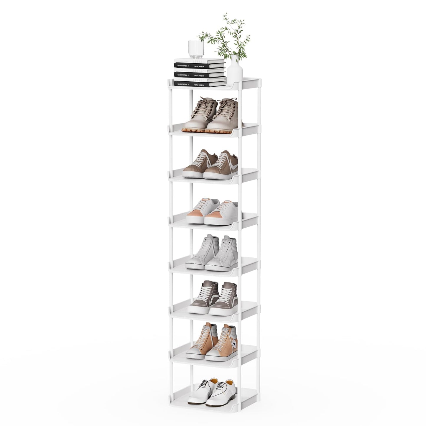 Altdnmaf 8 tier Narrow Shoe Storage Rack, Compact Single Shoerack Stand for Slim Space, Stackable Tall Thin Show Tower, Solid Plastic Shelves