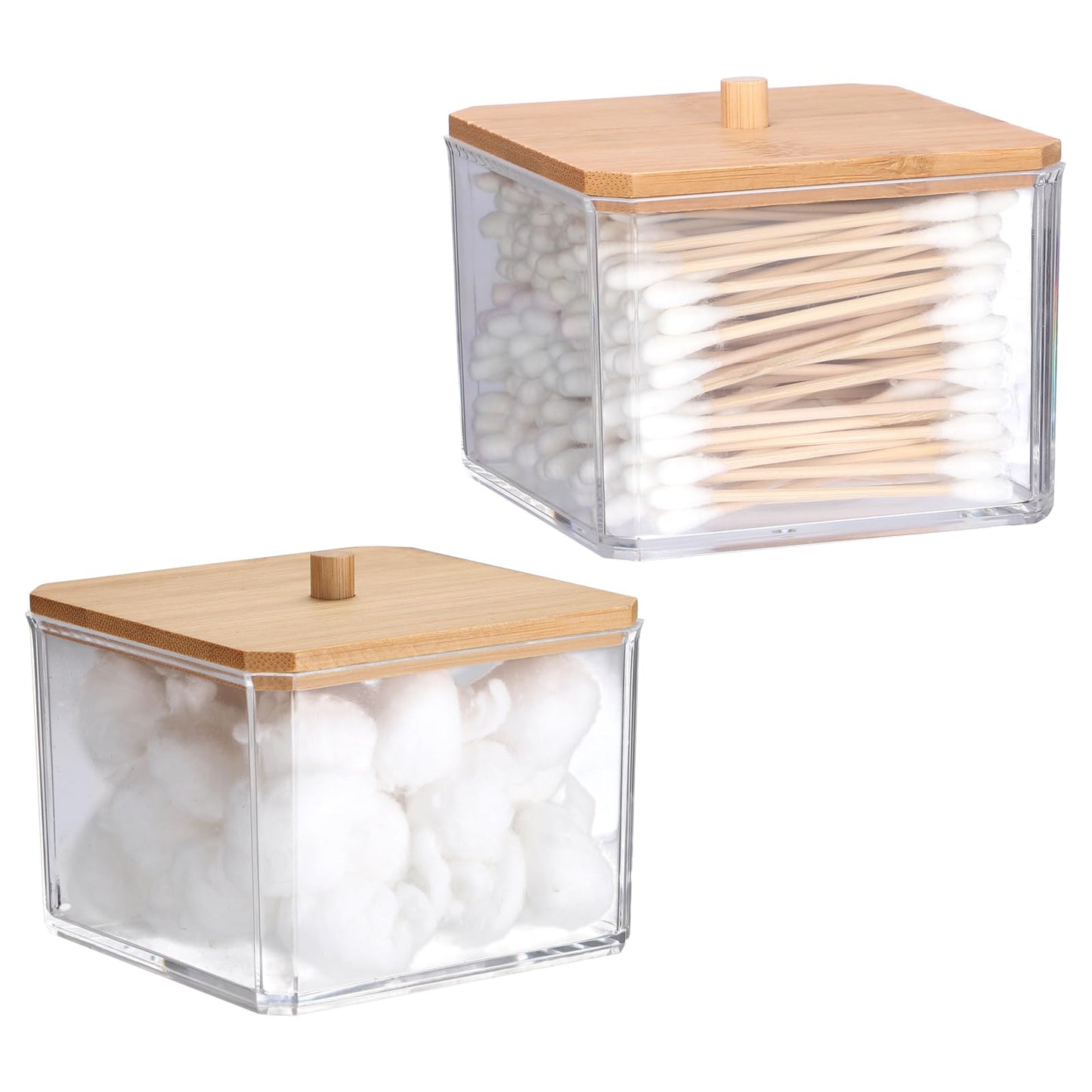 SUMTree 2 PCS Square Qtip Cotton Ball Holder Qtip Dispenser with Bamboo Lid