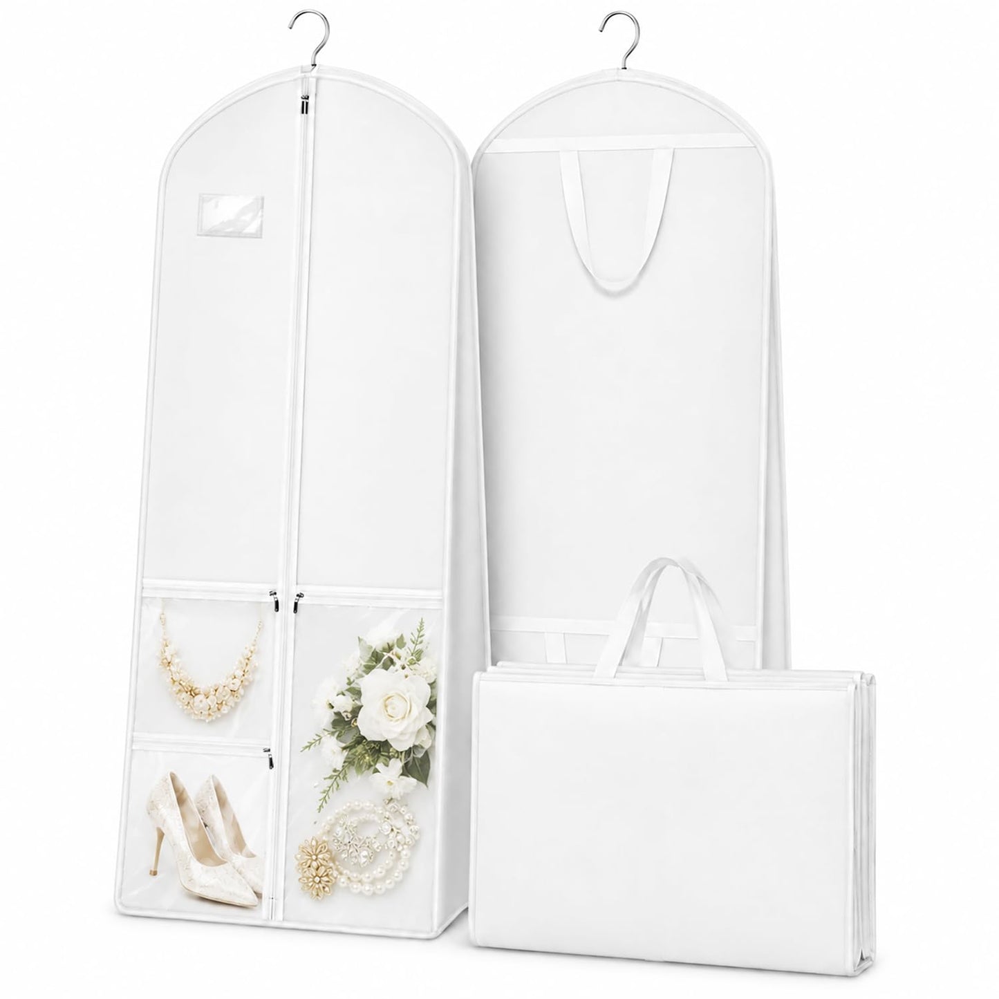Wedding Dress Bag Covers, URMI Heavy Duty 180 x 60 x 26cm Bridal Gown Cover with 3 Clear PVC Pockets, Long Garment Bag with Handles for Wedding Gown