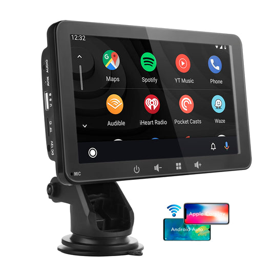 7 Inch Portable Car Stereo 2025 Upgraded Compatible with Wireless CarPlay & Android Auto, AirPlay, Stereo Sound, Voice Controll WiFi BT/Wired