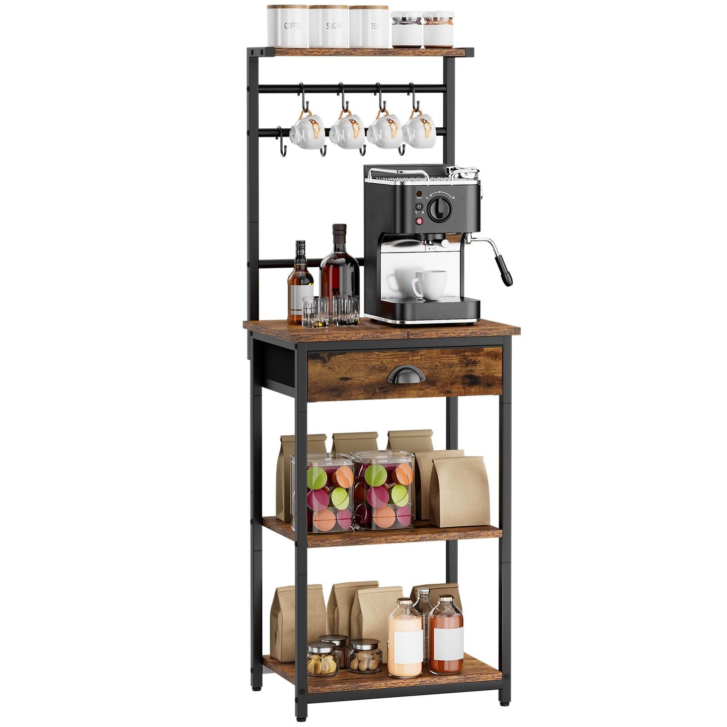 YMYNY 5 Tier Coffee Bar Station, Coffee Stand with Fabric Drawers, 8 S-Shaped Hooks, Corner Bar Cabinet, Height Adjustable, Bakers Rack for Kitchen