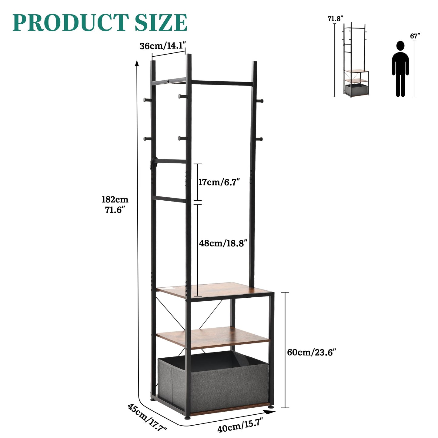 YITAHOME Coat Stand, Clothes Rack Hall Tree with Shelves & Hooks, Brown