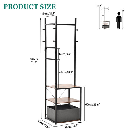 YITAHOME Coat Stand, Clothes Rack Hall Tree with Shelves & Hooks, Brown