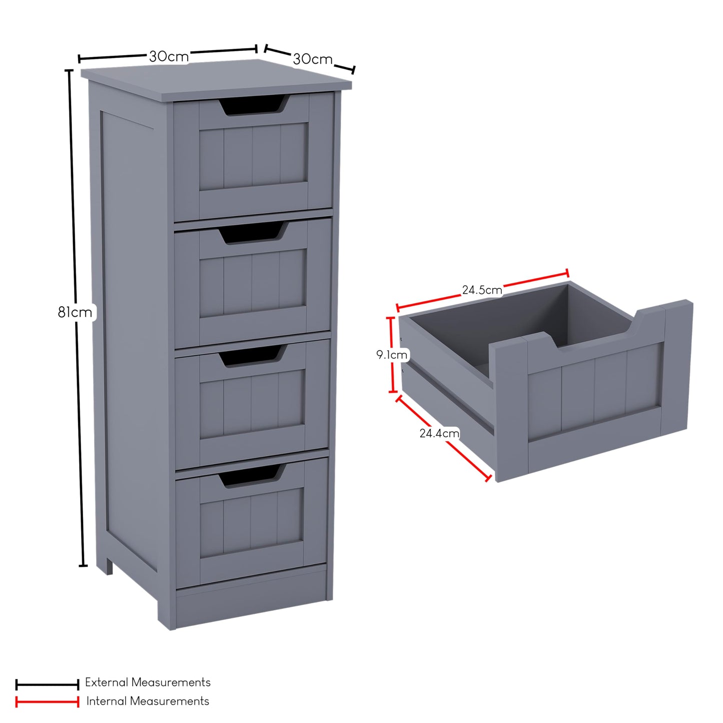 Bath Vida Priano Freestanding 4 Drawer Bathroom Storage Cabinet Unit, Grey
