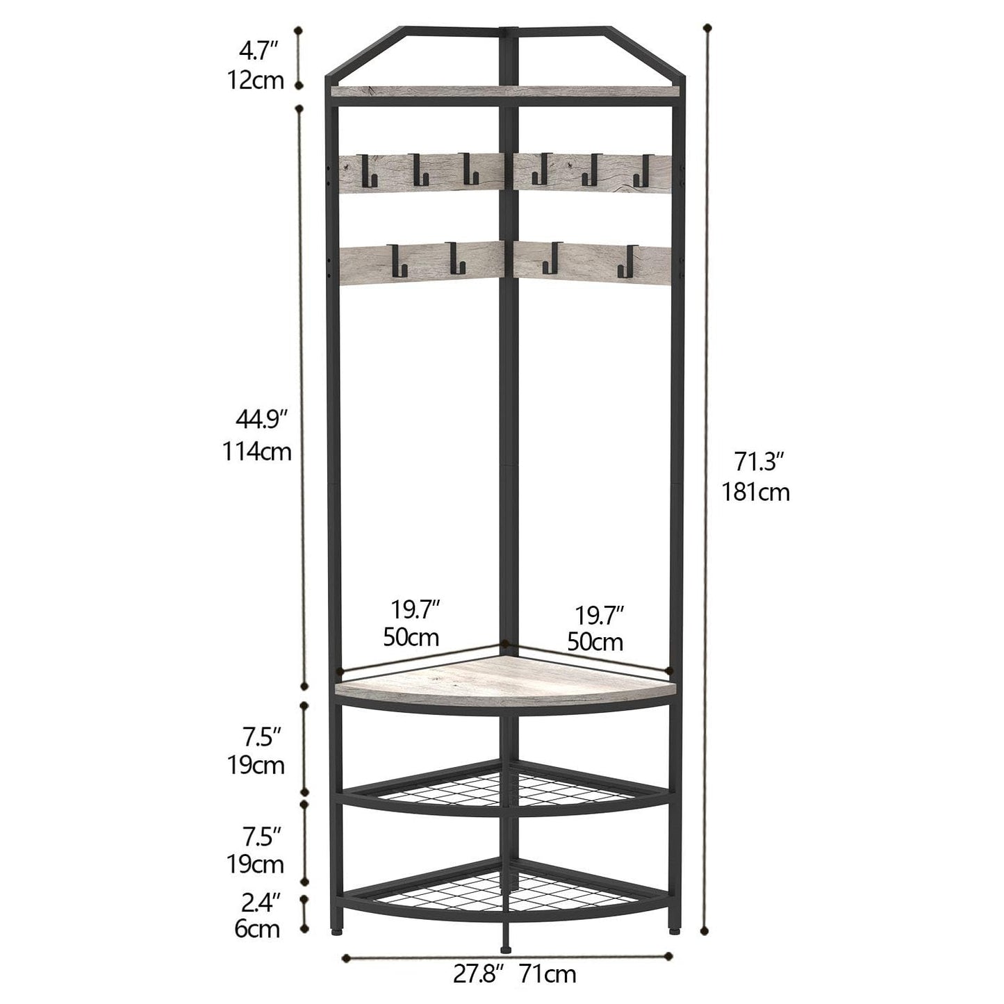 VEDECASA Corner Hall Tree Coat Rack with Shoe Bench and Storage Shelf 4-Tier Freestanding Entryway Corner Organizer with 10 Metal Movable Hooks and