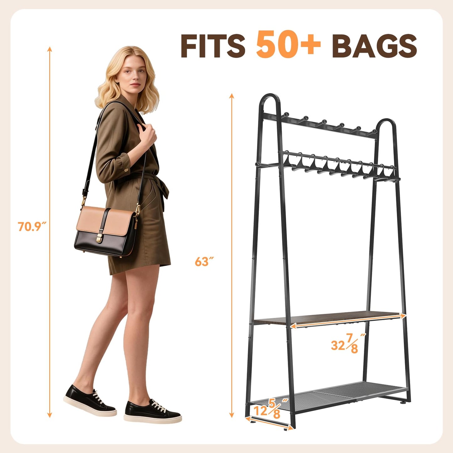 KAFAHOM Coat Rack, Handbag Storage Solutions, Wood & Metal Bag Stand with Adjustable Hooks for Wardrobe, Bedroom, Hallway, Black