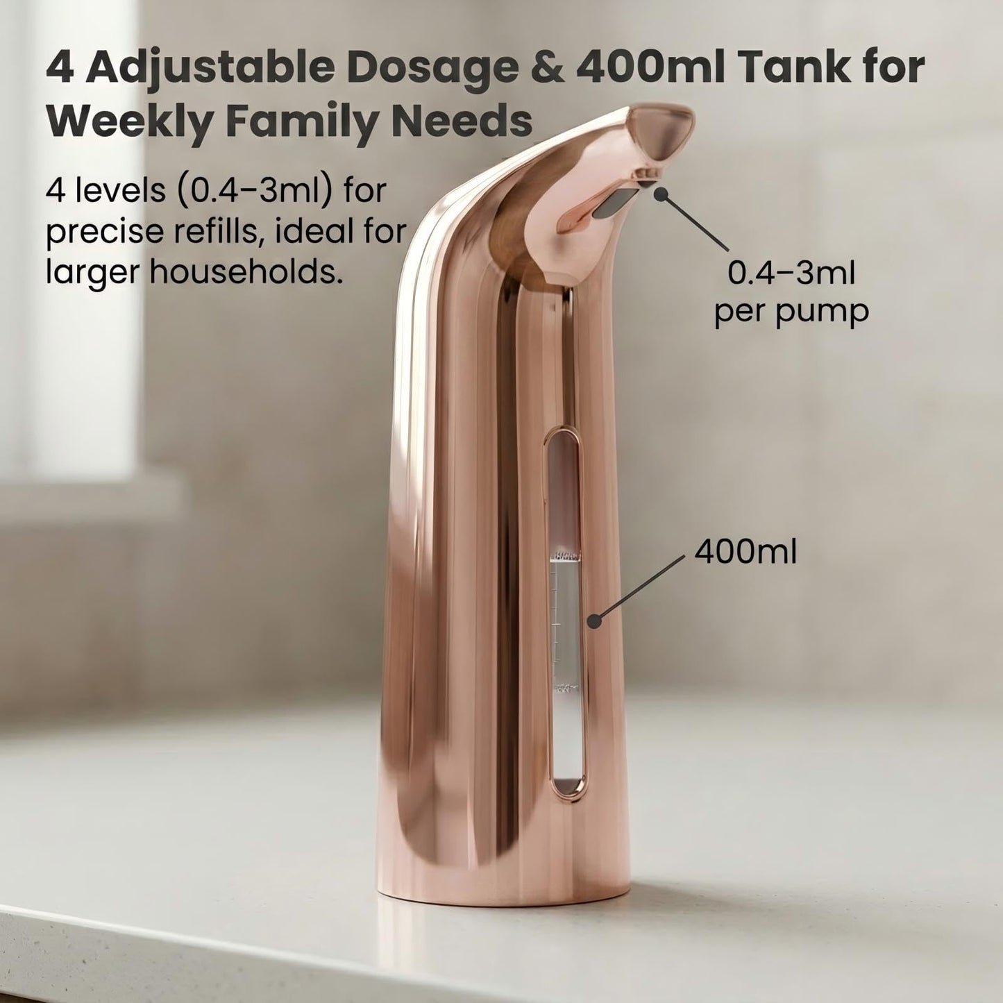 Automatic Soap Dispenser: 4 Adjustable Settings & Touch-Free Sensor, 400ml, IPX6 Waterproof, Long Battery Life, for Families with Kids