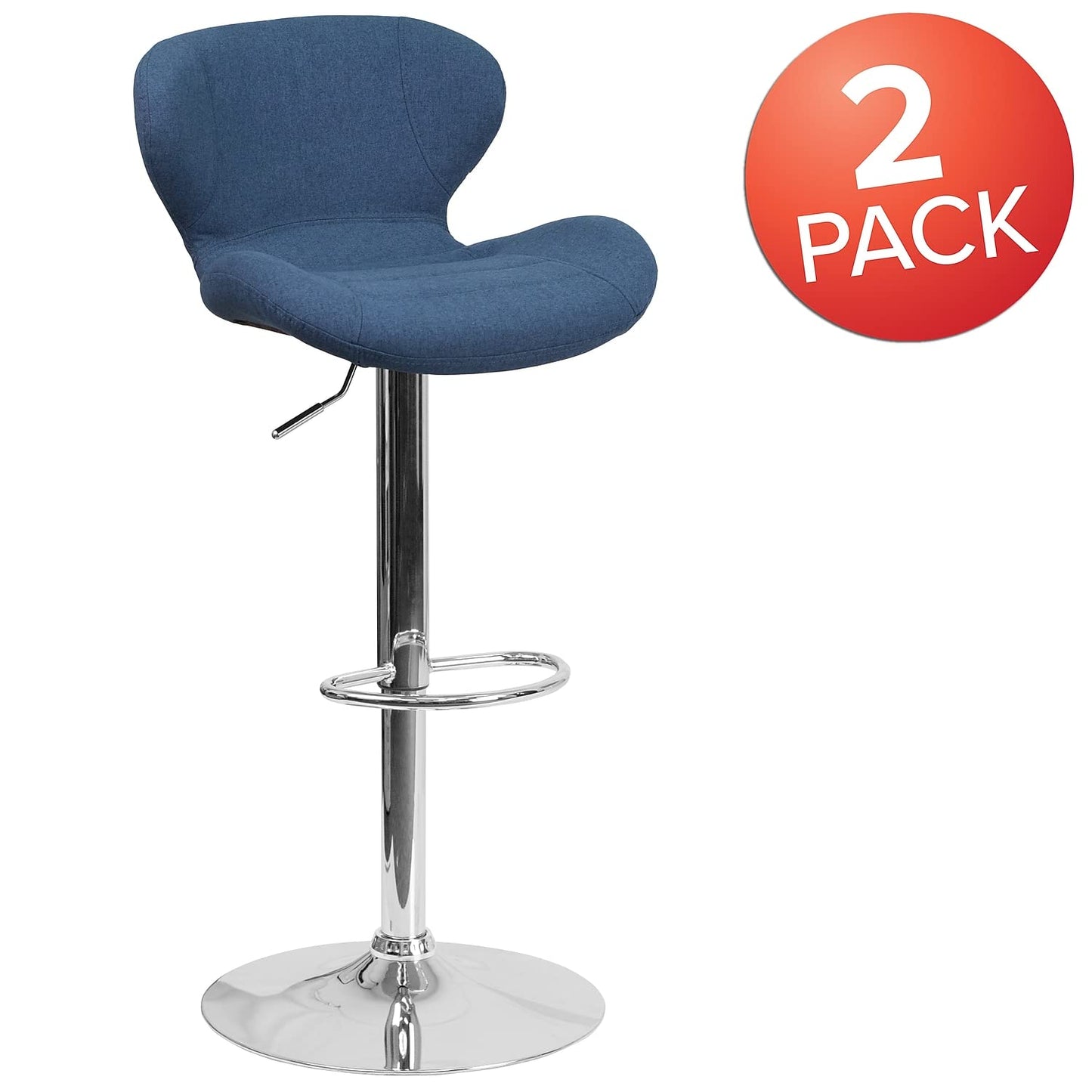 Flash Furniture Denville 2 Pack Contemporary Blue Fabric Adjustable Height Barstool with Curved Back and Chrome Base