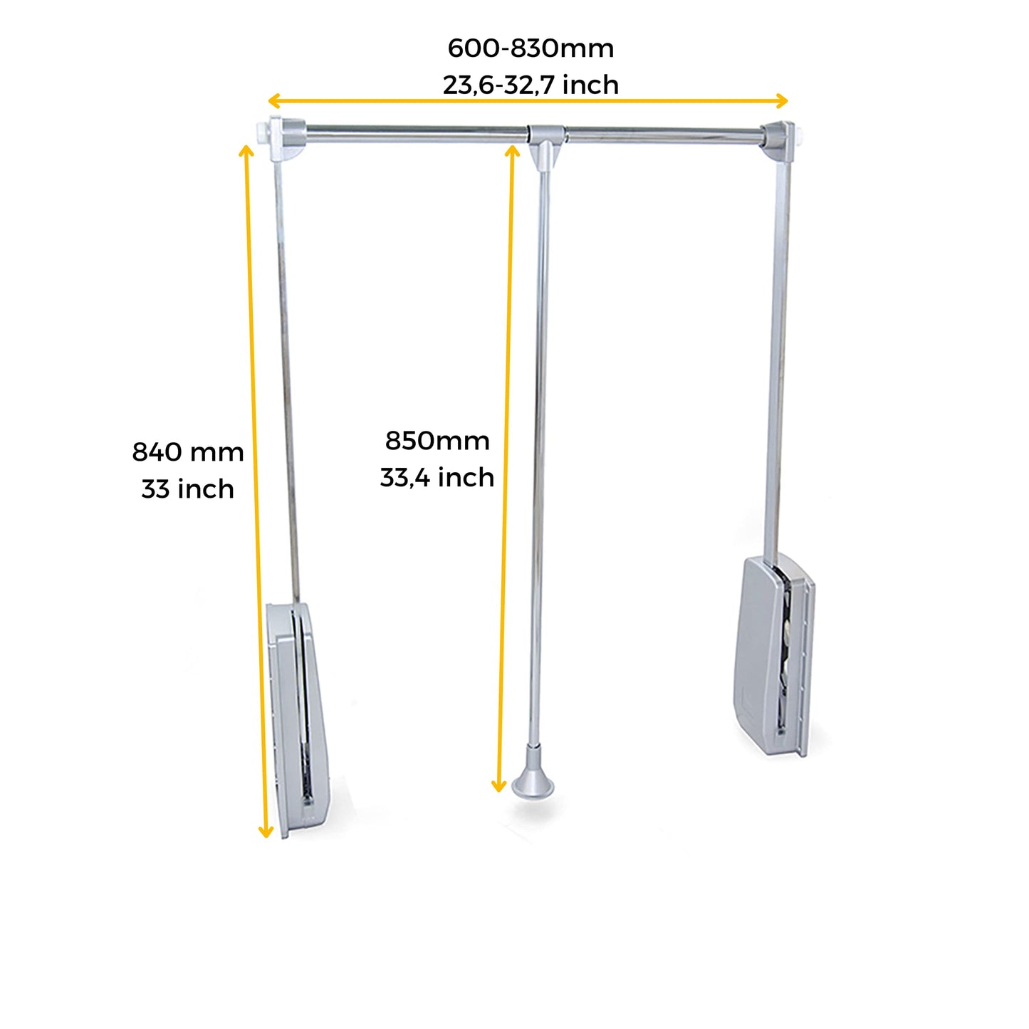 Emuca - Hang pull down wardrobe rail lift, adjustable width 600-830mm (23,6-31,4 inch), stone grey