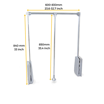 Emuca - Hang pull down wardrobe rail lift, adjustable width 600-830mm 23,6-31,4 inch, stone grey