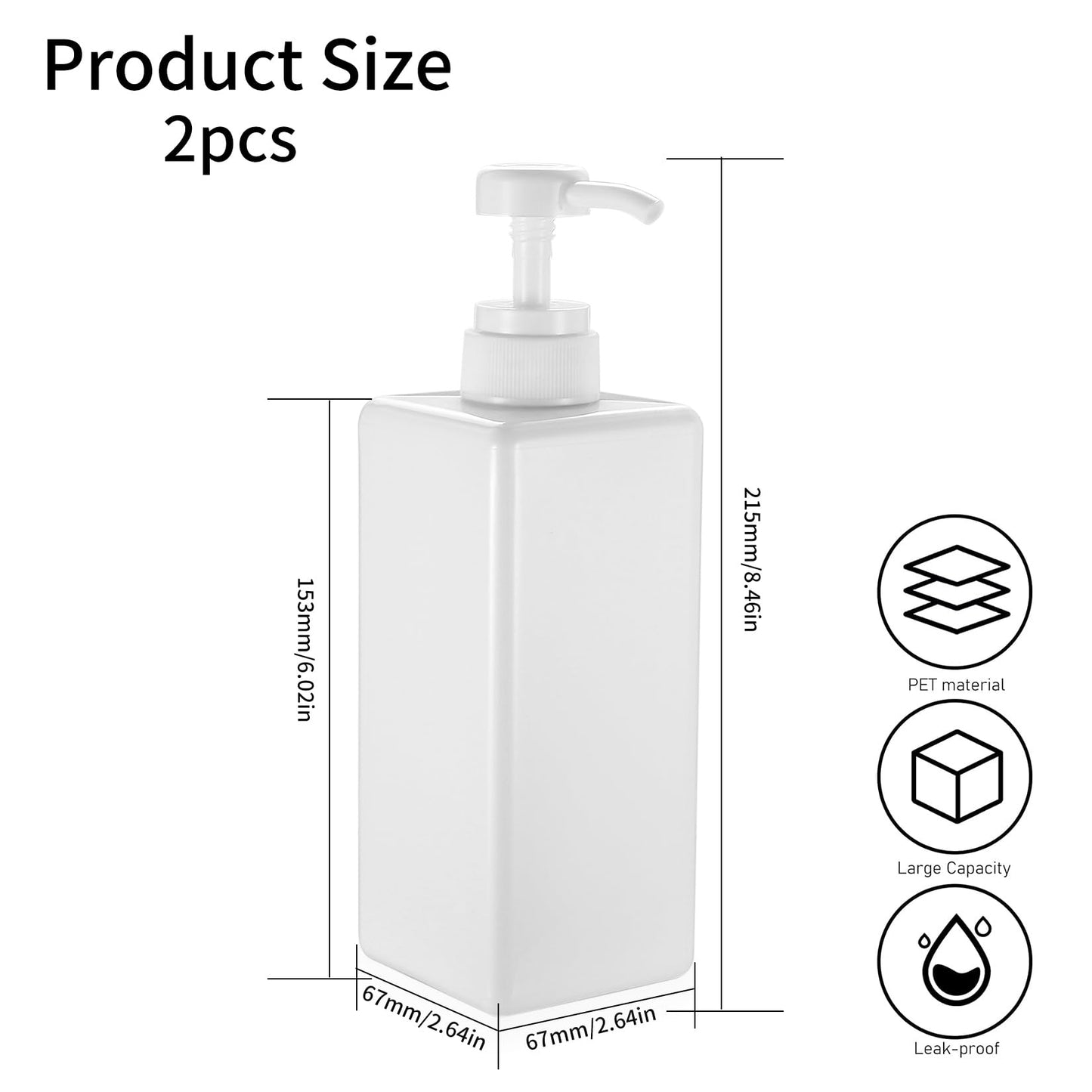 2x Pump Bottle Dispenser, 650ML Refillable Shampoo and Conditioner Dispenser Bottle with Pump