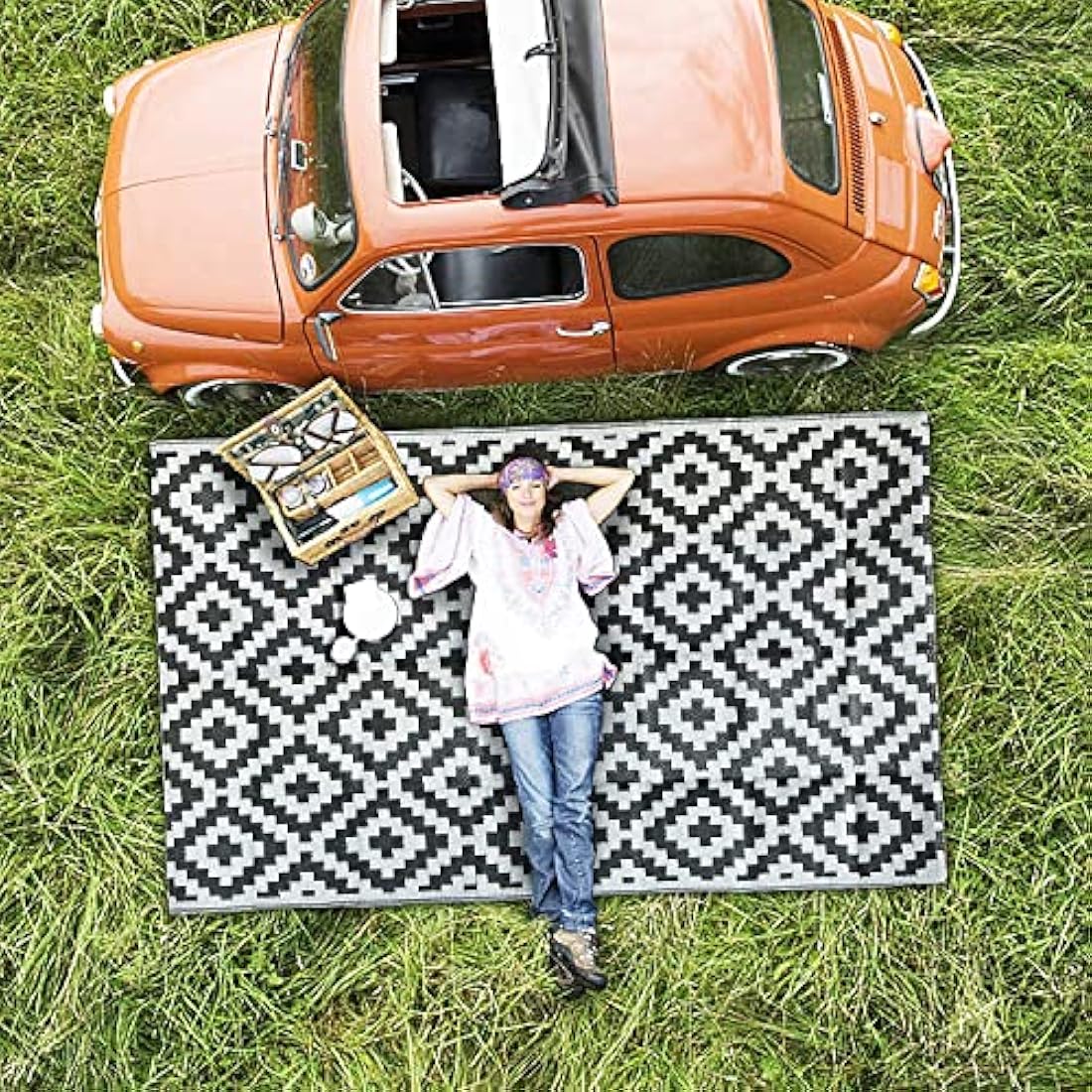 Enipate Geometric Outdoor Rugs for Patios Clearance, 182 x 274cm(6x9ft) Reversible & Easy Cleaning Patio Decking Rug, Portable Comfortable Woven Garden Carpet
