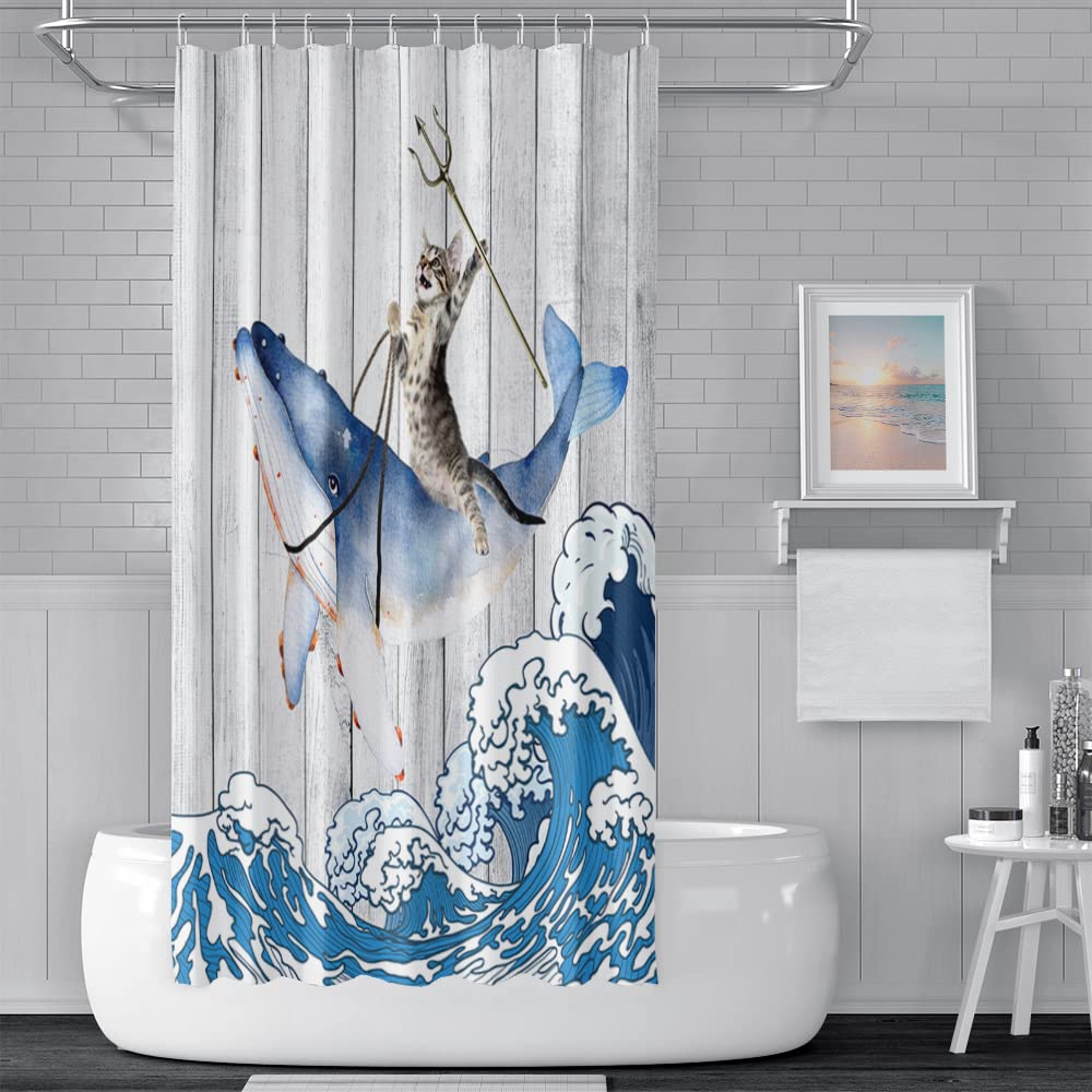 SDOTPMT 180x180cm Funny Cat Riding Whale Shower Curtain Vintage Wood Floor Japanese Sea Ocean Wave Bath Curtain Cute Cartoon Bathtub Curtain for