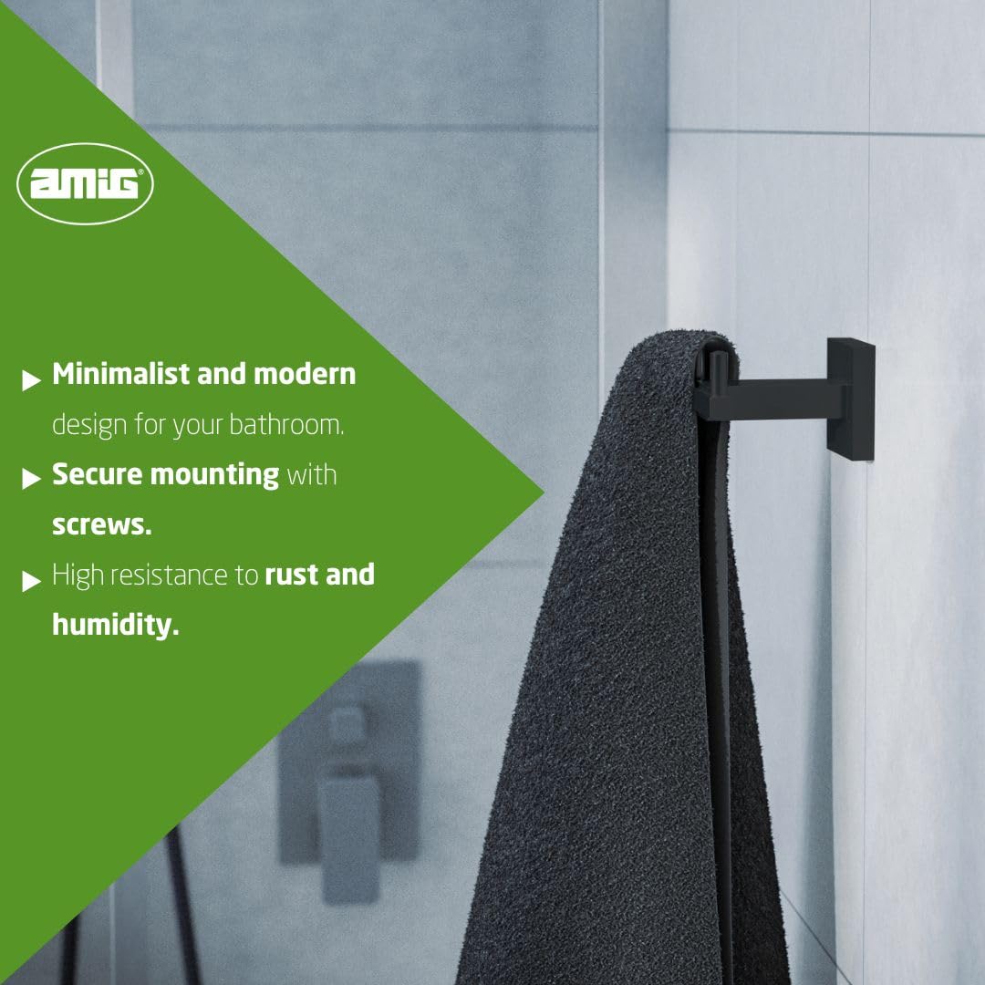 Amig - Bathroom Towel Hook Mod. Isla-5 | Wall-Mounted Towel Hook Screws Included | 73 x 73 x 50 mm | Stainless Steel | Matt Black