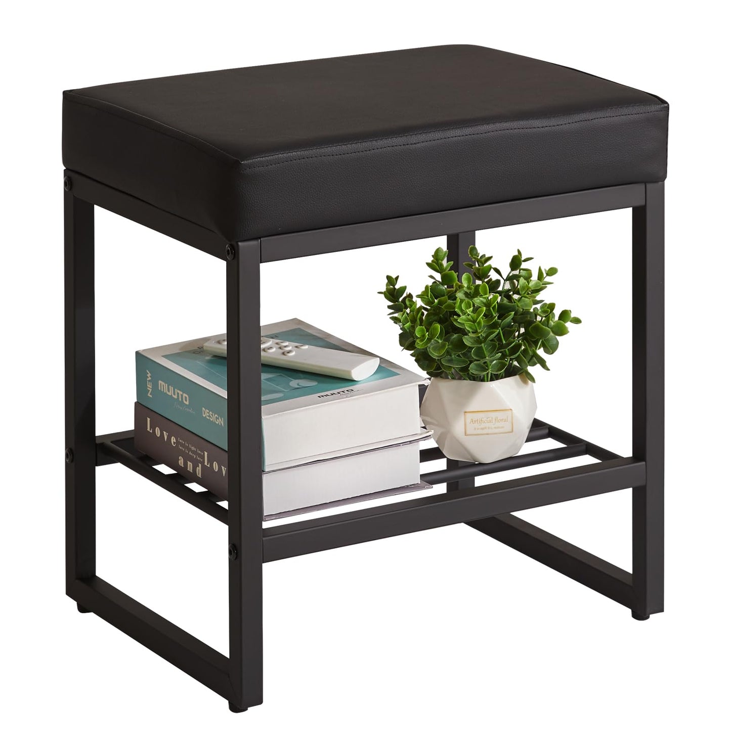 Aibiju Stool Chair for Dressing Table, Faux Leather Small Makeup Bench for Vanity, PU Seat Vanity Stool for Bedroom Living Room, Black YD-JD150B
