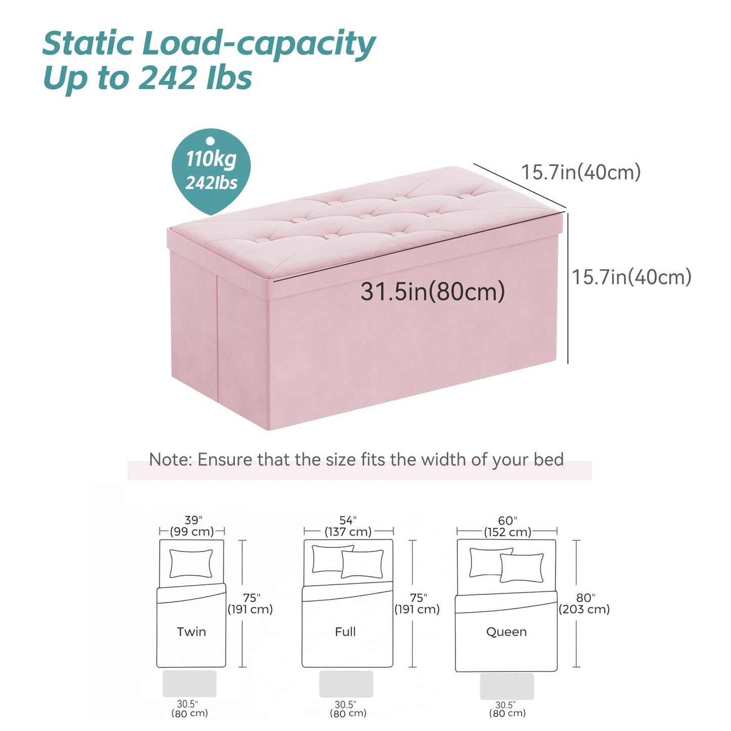 BRIAN & DANY Ottoman Storage Box Velvet Foldable Storage Ottoman Bench with Lid for Living Room, 80 x 40 x 40 cm, Pink