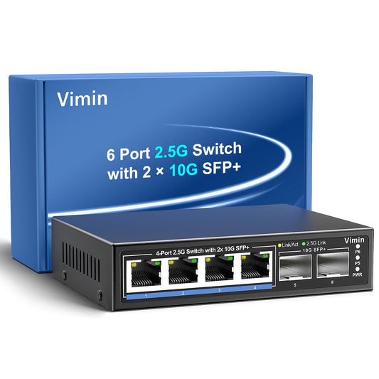 6 Port 2.5G Unmanaged Switch with 2x10G SFP, 4X 2.5Gbase-T Ports, 2X 10G SFP+ Port, 60Gbps Switching Capacity, IEEE802.3, One-Key VLAN, Metal Housing,
