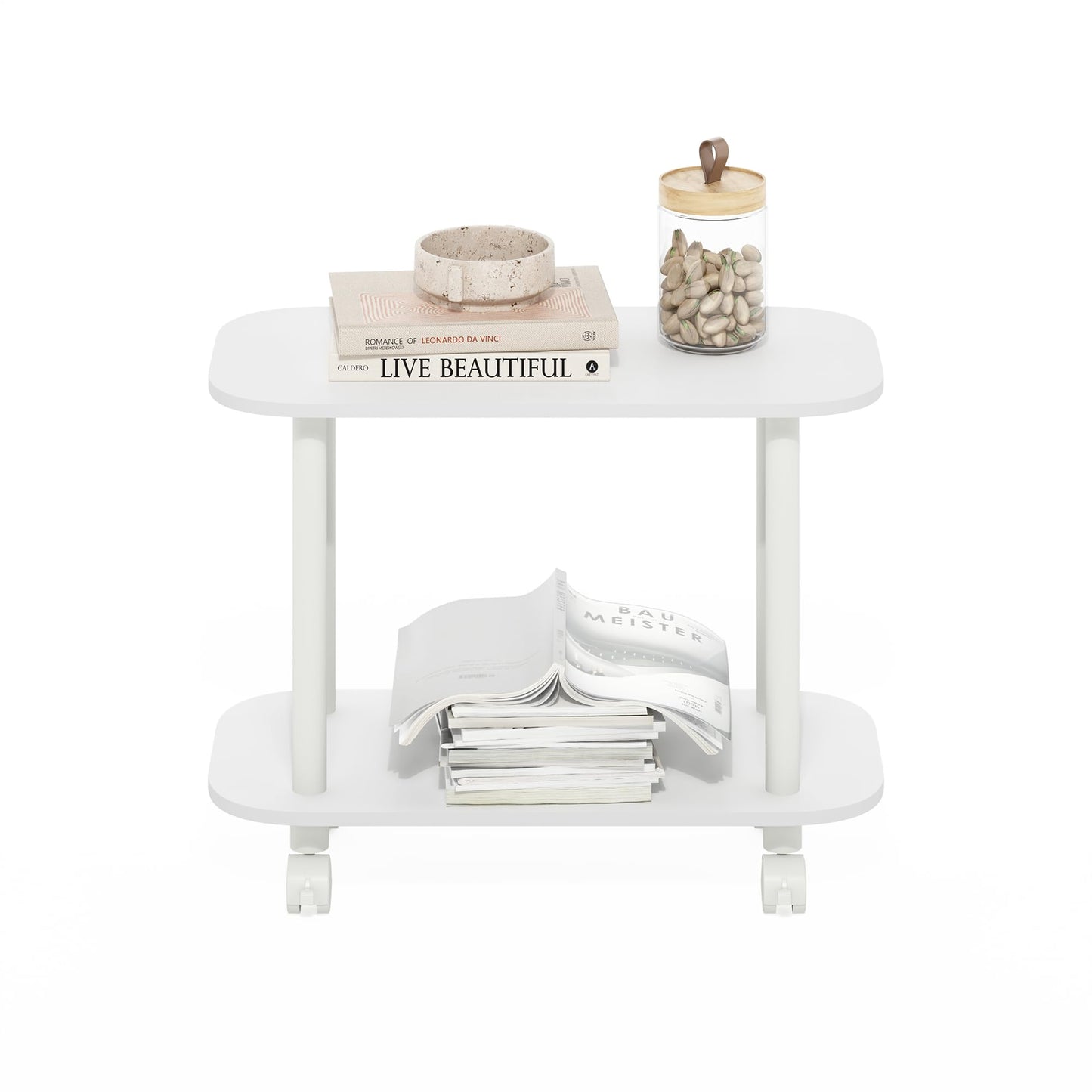 Furinno TURN-N-TUBE Side Table, 2-Tier Oval Sofa End Table with Wheels, Round Corner Night Stand, Bedside Table with Open Shelf, Toolless Assembly