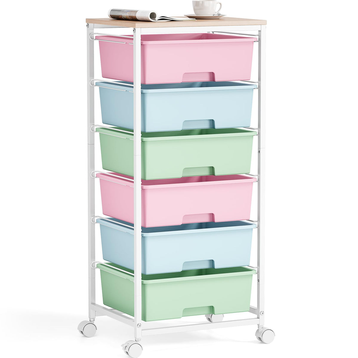 Rolling Storage Cart with 6 Drawers and Wooden Tabletop, Lockable Wheels Utility Cart for Art Studios, Office Supplies & Craft Room Organization