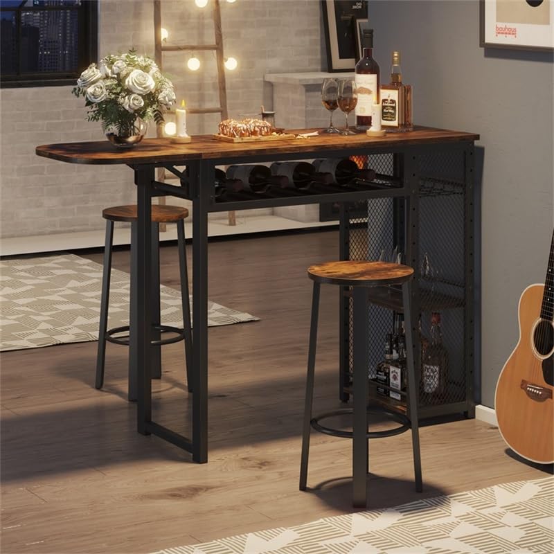 Bestier Bar Table and Chair Set, Expandable Dining Table with 2 Bar Stools, Industrial Kitchen Counter with Wine Rack & 3 Tier Adjustable Storage