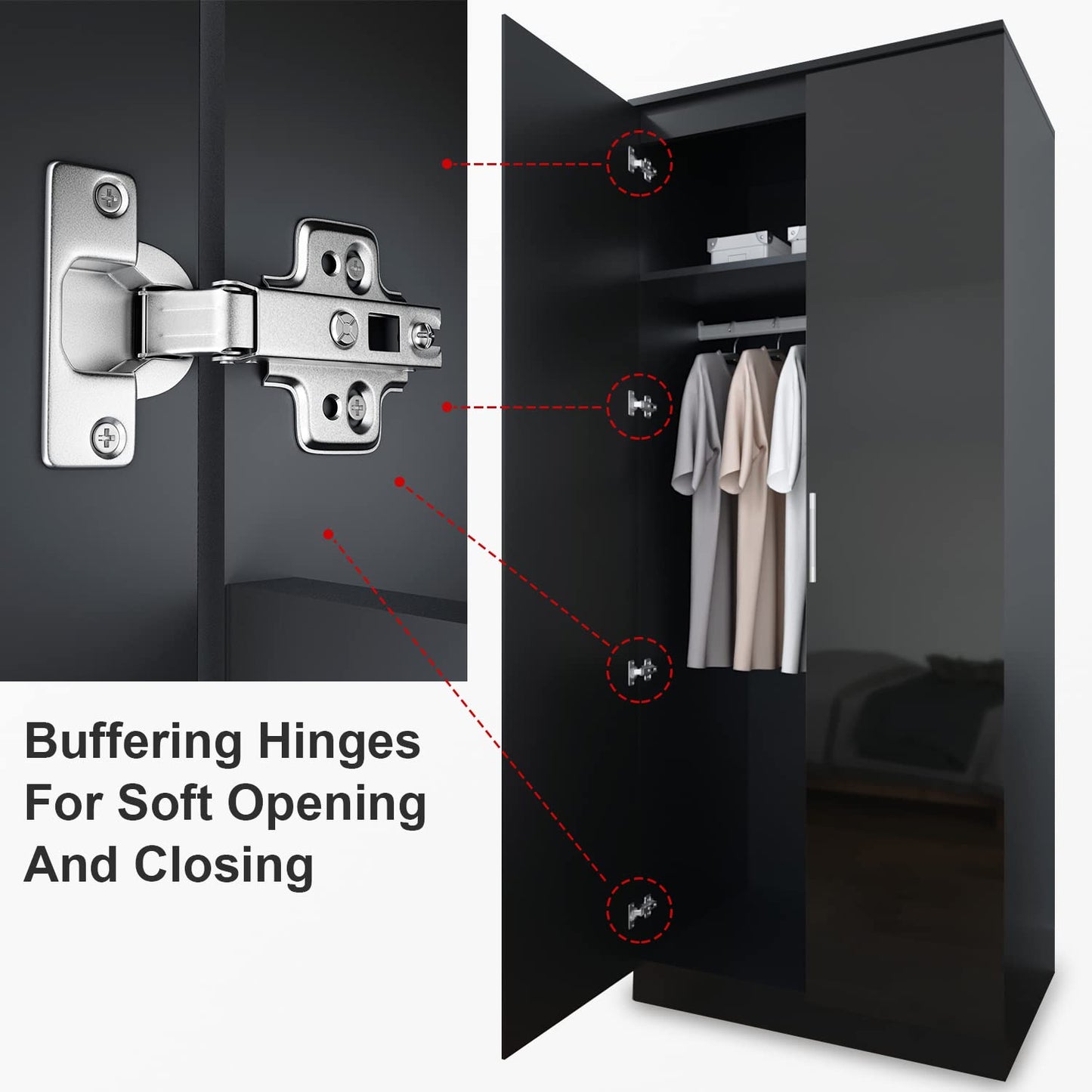 ELEGANT 2 Door Wardrobe with Hanging Rail High Gloss Bedroom Furniture for Home Bedroom, 5 Colors Available