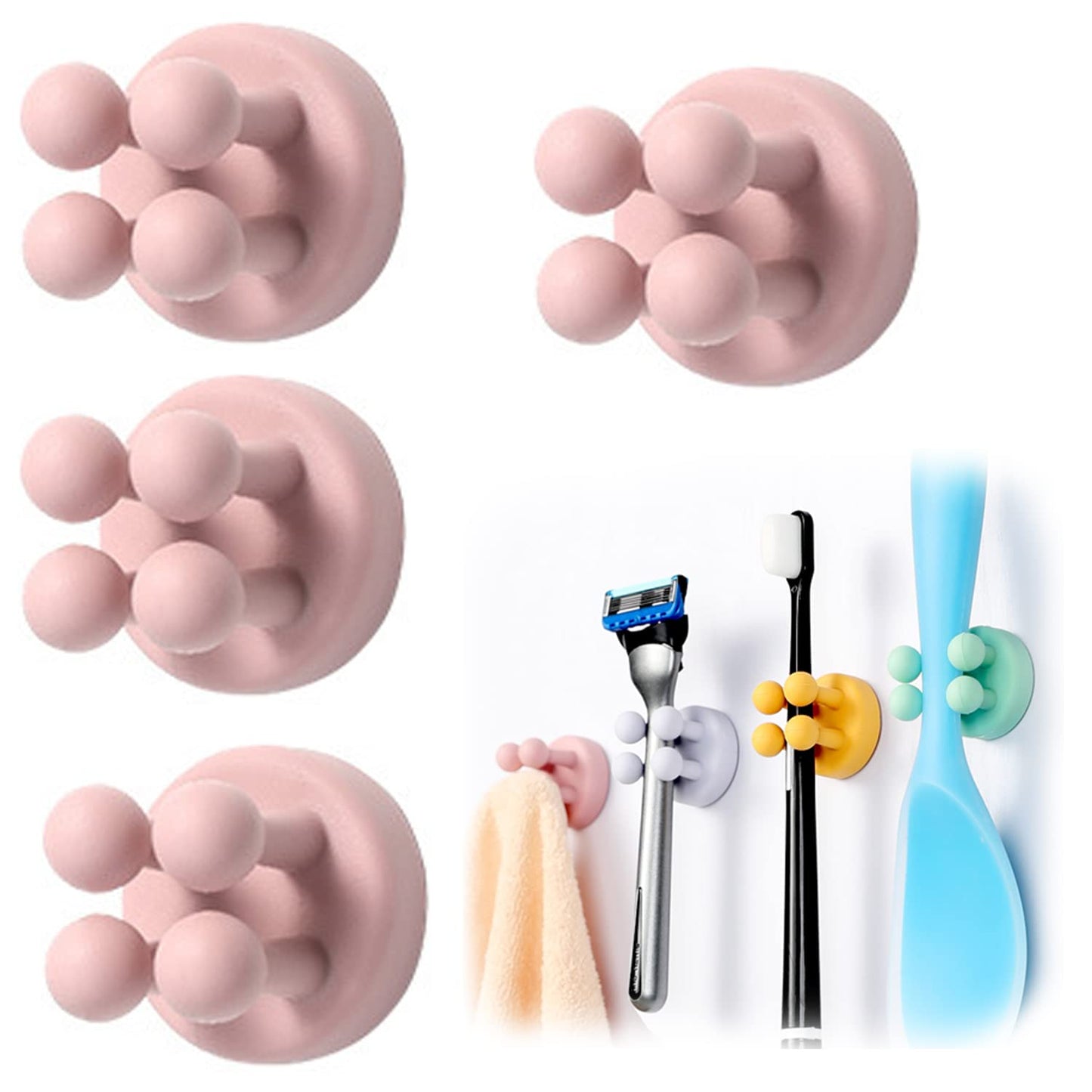 WUBAYI 4 pcs Silicone Toothbrush Holder Multi-Function Hook Waterproof self Adhesive Single Toothbrush Hook Plug Holder for Wall for Hanging Bathroom