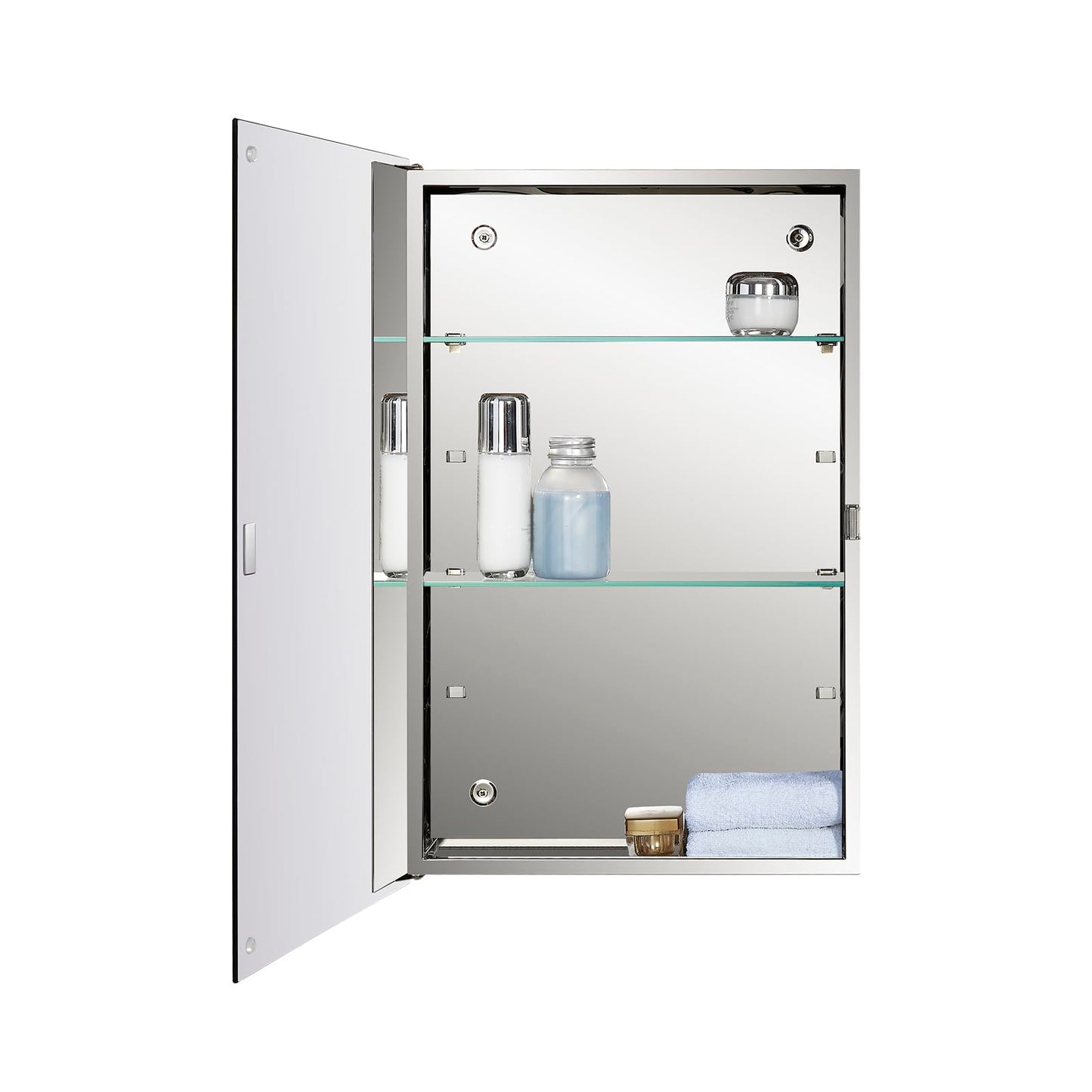 Fundin Stainless Steel Bathroom Mirror Cabinet, Single Door with Adjustable Glass Shelves, Surface Mounted, 40cm W x 60cm H, Mirrored Finish