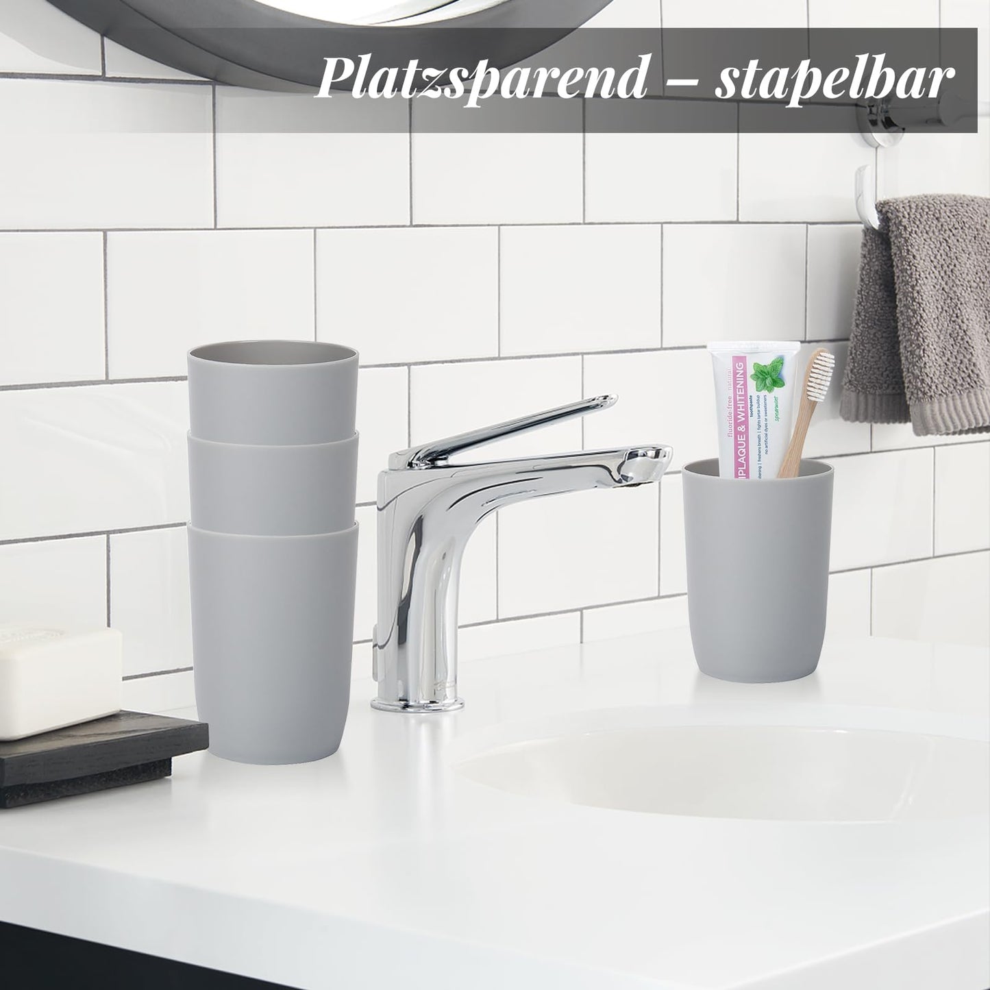 AstraLoom 280ml × 4 Toothbrush Cups Set, Stackable Portable Plastic Drinking Cup, Mouthwash Cup, Suitable for Bathroom/Kitchen/Picnic/Travel (Grey)