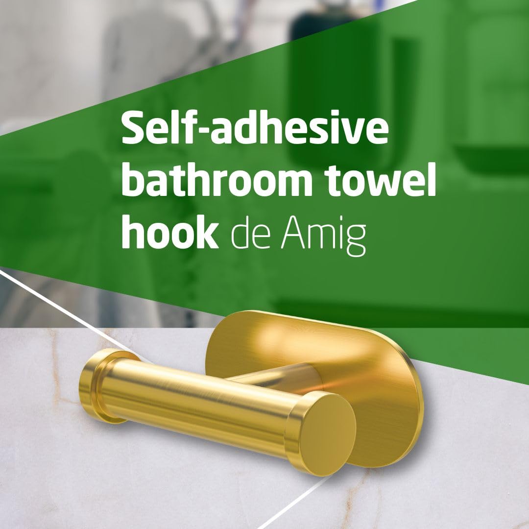 Amig - Self-Adhesive Bathroom Towel Hook Mod. Ea-5 | Wall-Mounted Towel Hook Screwless Adhesive | 100 x 65 x 45 mm | Stainless Steel | Matt Gold