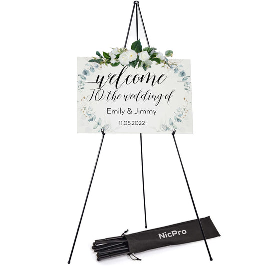 Nicpro Folding Easel for Display, 63 Inch Metal Floor Easel Stand Tripod Black Portable for Artist Poster Wedding with Carry Bag
