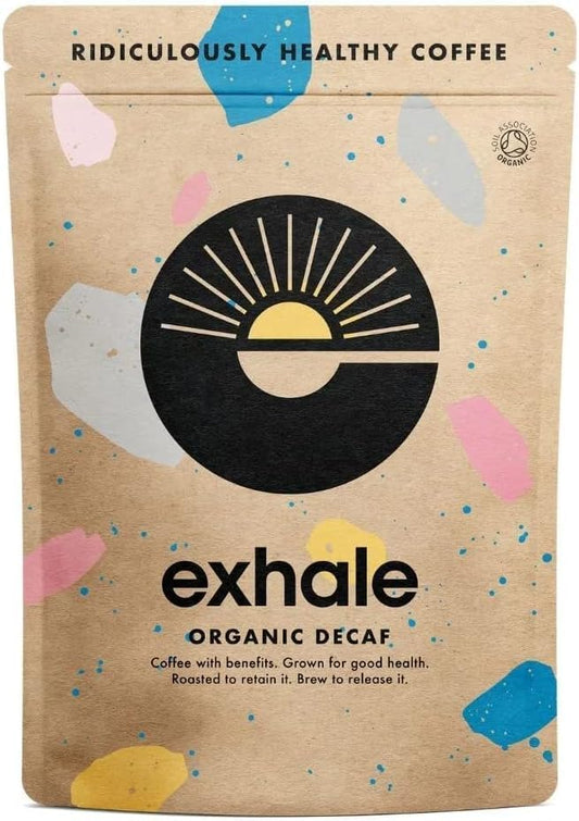 EXHALE Organic Chemical-Free Ground Decaf Coffee - NEW LARGE 450G PACK - Single Origin and 100% Arabica Beans. For Cafetiere, Filter or AeroPress -