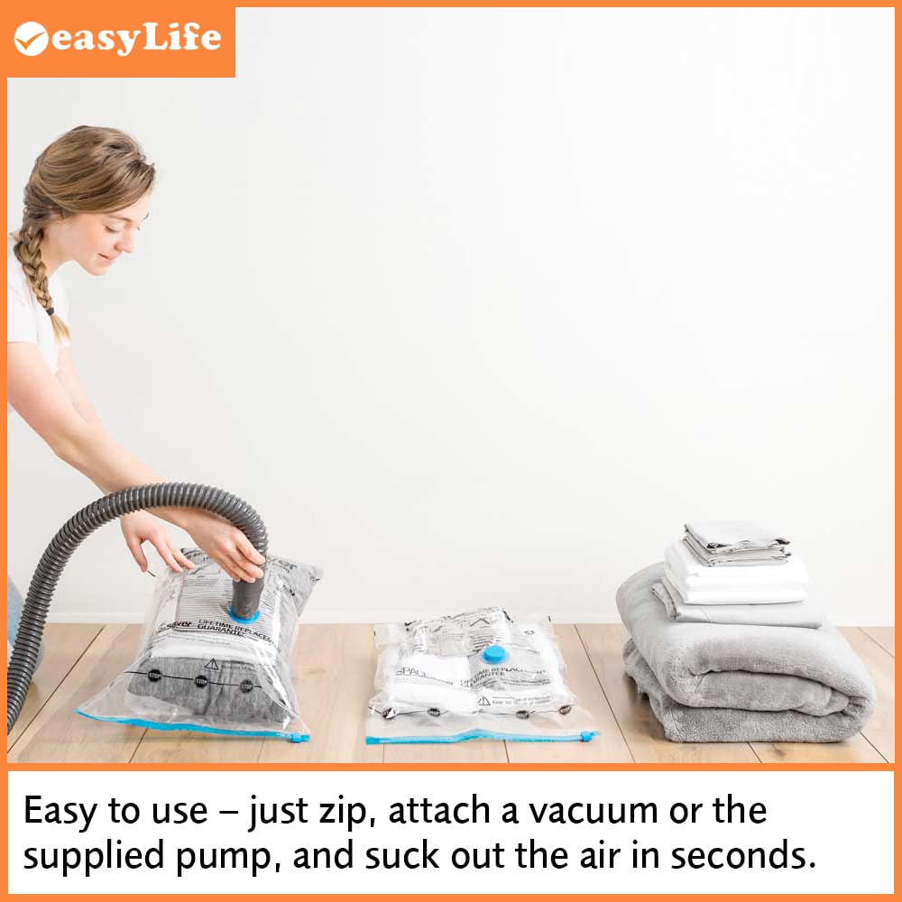 Easylife Vacuum Storage Bags (Set of 6) 5x Large Storage Bags (80x60cm), 1x Jumbo Bag (80x100cm) and 1x Hand Pump, Airtight Duvet