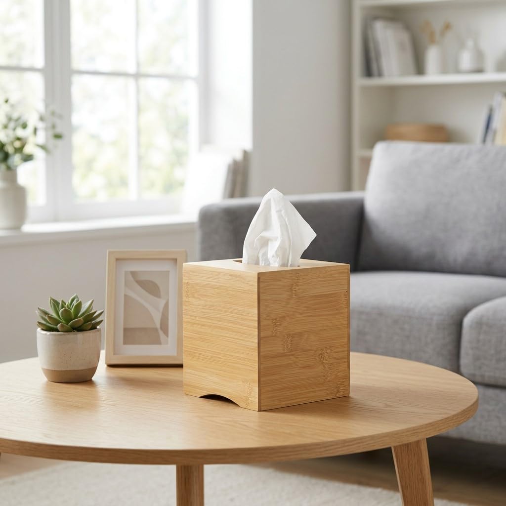 OSCO Bamboo Square Tissue Box, Eco-Friendly Tissue Holder, Napkin Dispenser for Home Office Bathroom, Natural Bamboo Tissue Cover