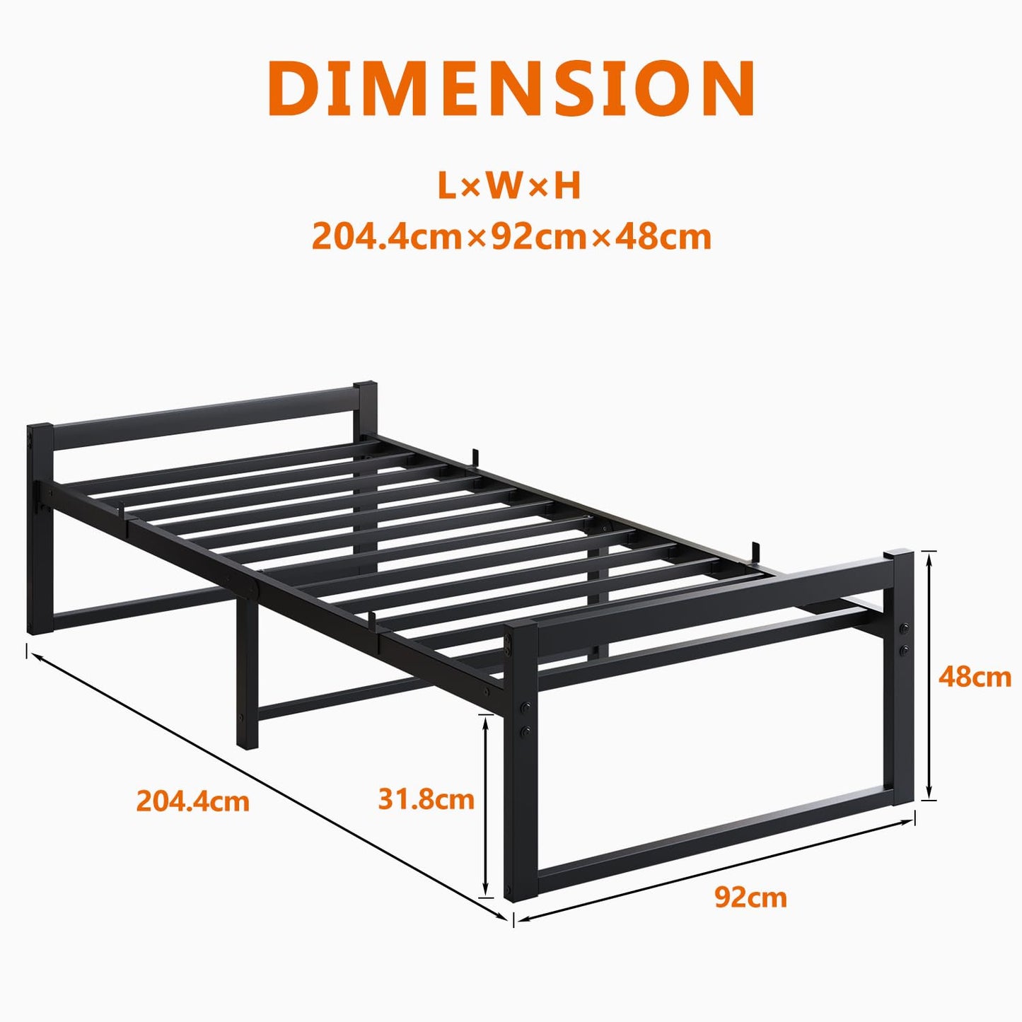VECOCHO Bed 90 x 200 cm, Bed Frame 90 x 200 cm with Metal Slatted Frame, Black