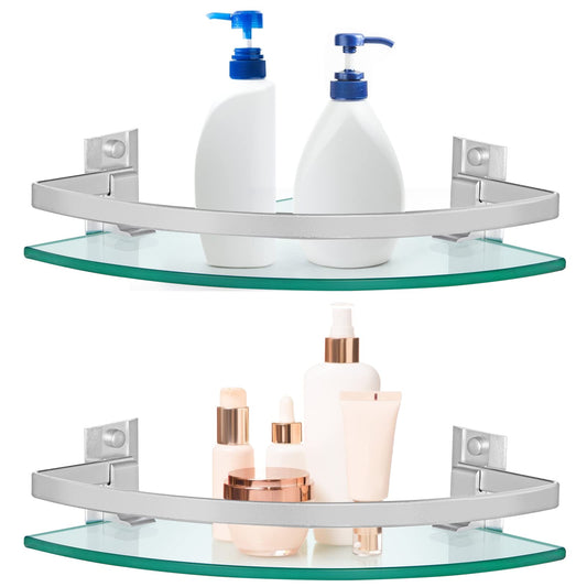 Skelang 2Pcs Bathroom Shower Caddy with Rail, Wall Mounted 240x240mm Shampoo Holder Organizer with 8 Brackets, 8mm Thick Tempered Glass Corner Shelf