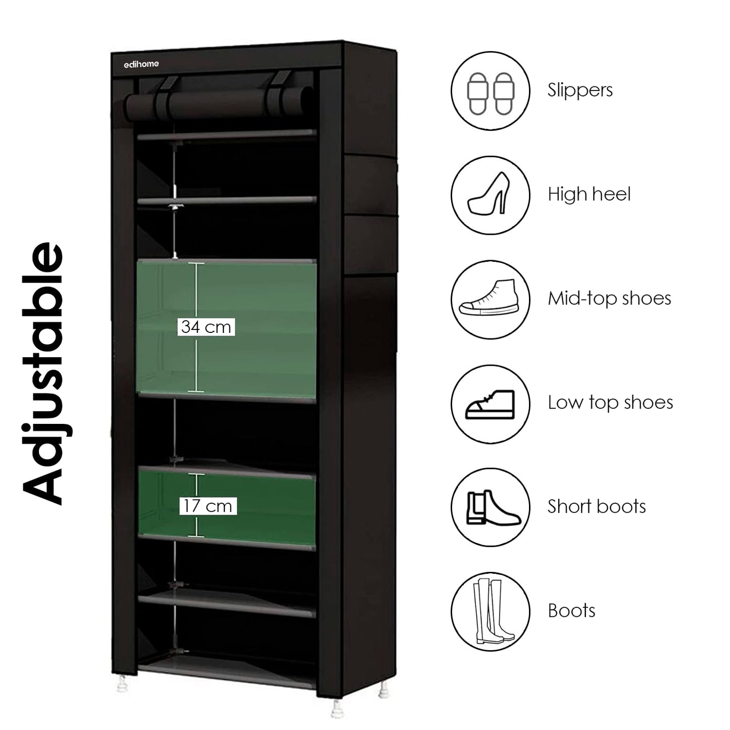 edihome, Fabric Shoe Rack, 9 Levels, Narrow and High Shoe Racks, (58 x 28 x 162 cm) with Outer Cover, with Zip, for Trainers, Heels or Shoes (Black)