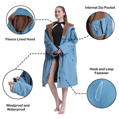 Hiturbo Waterproof Adult Changing Robe: Windproof Warm Swimming Robe Oversized Coat Surf Poncho with Fleece Lining Blue
