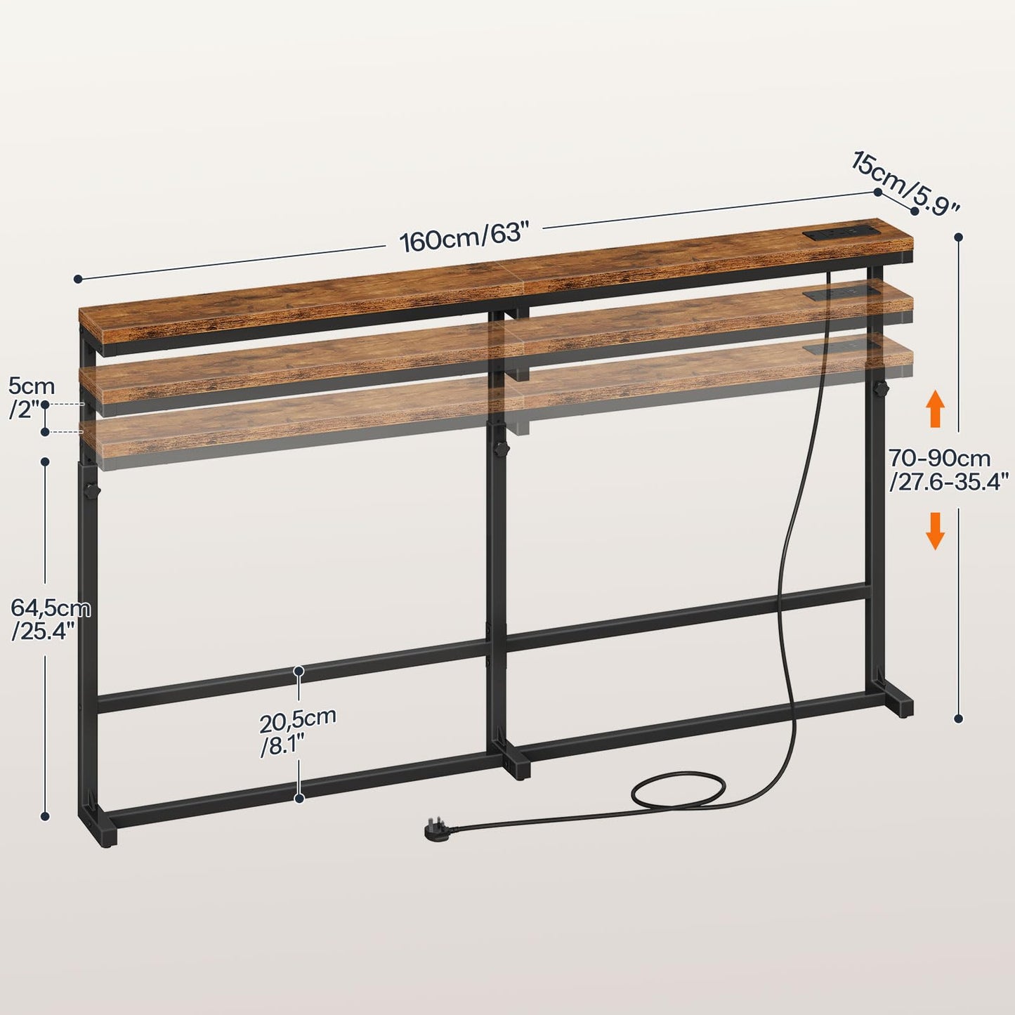 HOOBRO 160 cm Slim Console Table with Charging Station, Height Adjustable