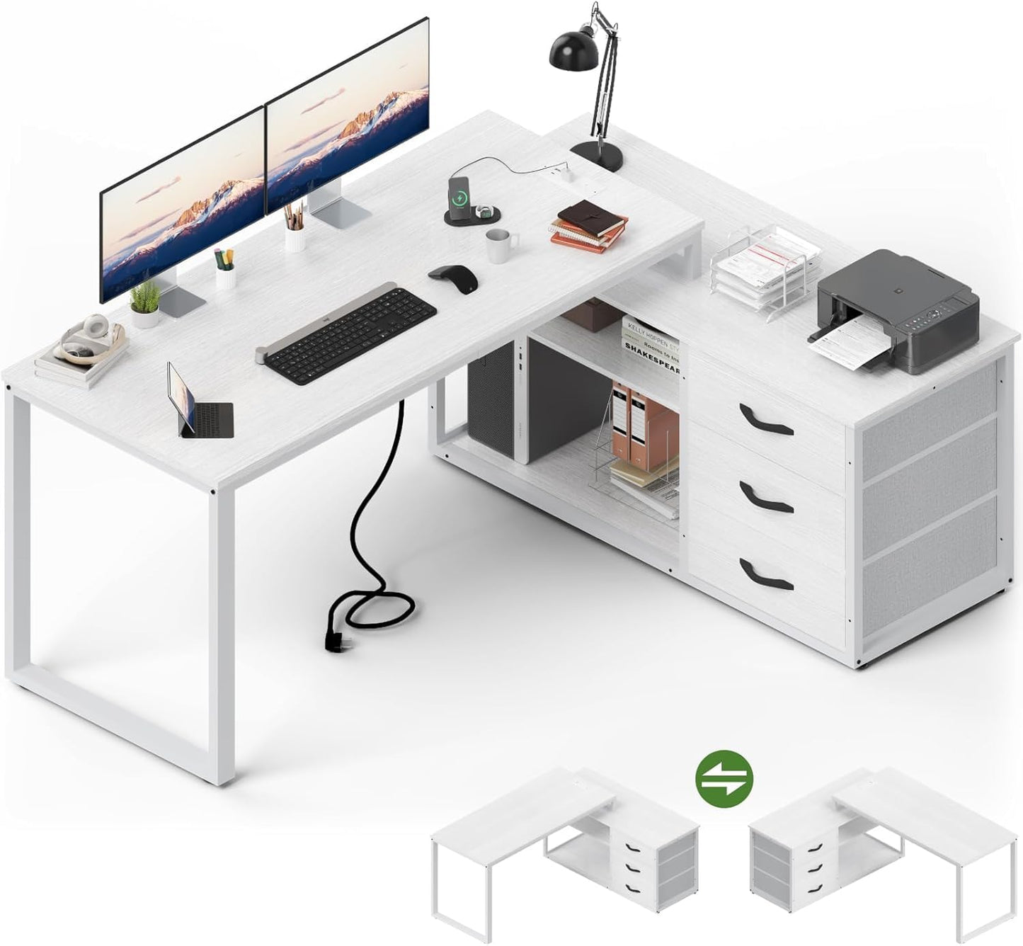 JUMMICO Corner Desk with 3 Drawers, 140 x 105 cm, Folding L-shaped Desk, Equipped with Socket and USB Charging Port, Storage Space