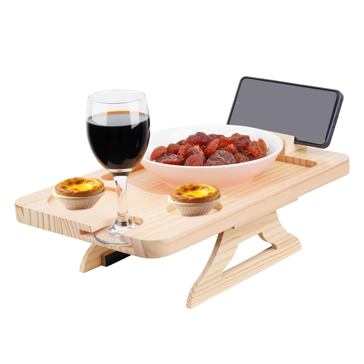 Natural Pine Sofa Armrest Tray,Drink Holder Arm with 360° Rotating Phone Stand. Holds Cups, Phones, Snacks, etc. Foldable & Clip-on Design