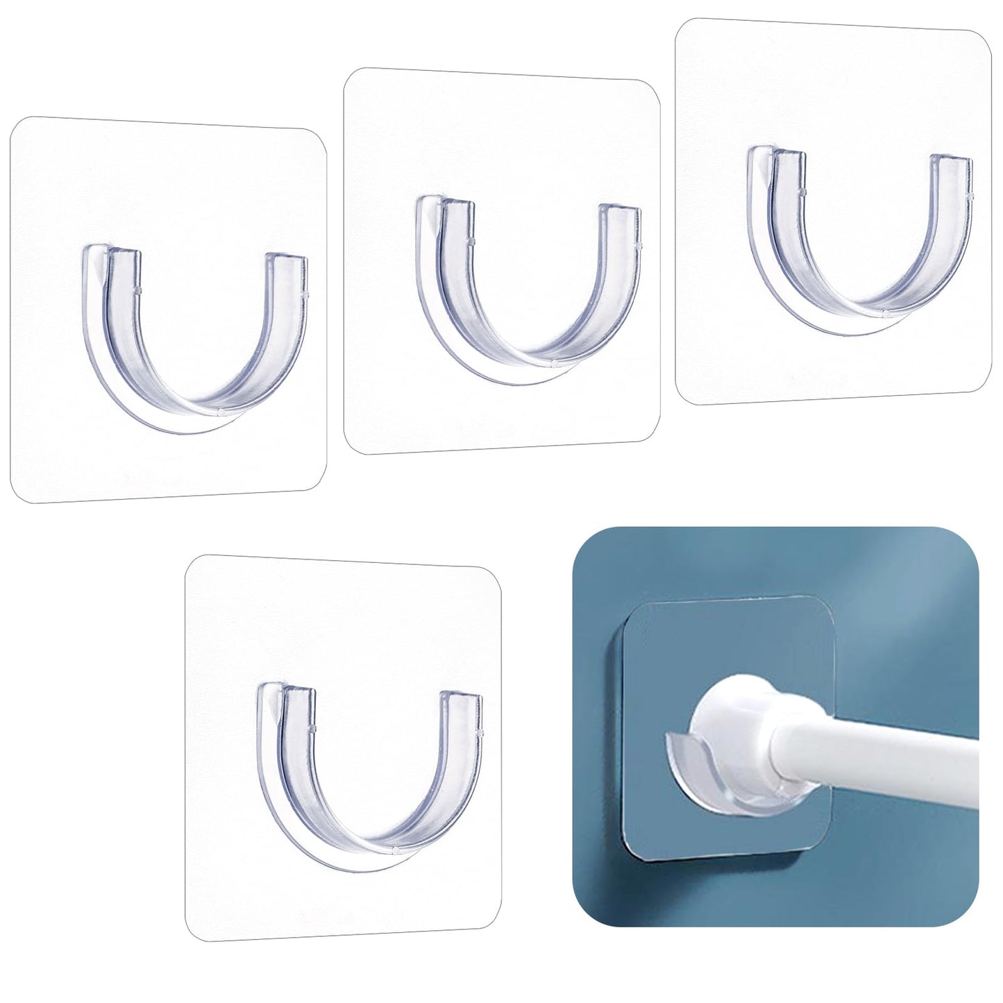 Molain 4Pcs Adhesive Shower Curtain Rod Holder, No Drilling Transparent Shower Rod Holder Invisible Wall Mount Holder Shower Rod Retainer Tension