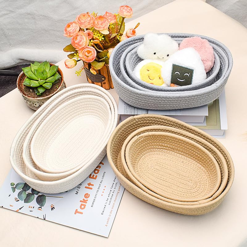 Cotton Rope Storage Baskets Set of 3 - Woven Storage Baskets for Organization, Available in White Grey Beige Gray