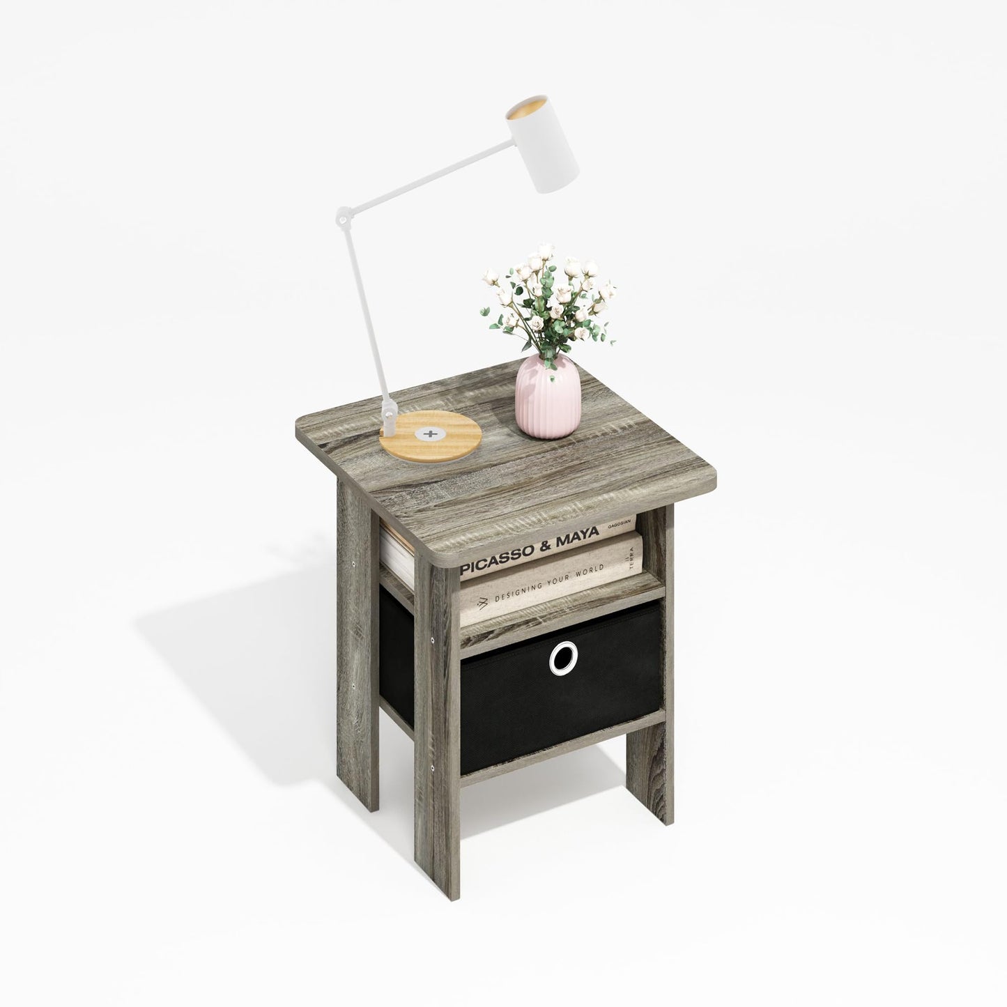 Furinno MODERN Square Top Side Table with Storage Bin, Grey Oak